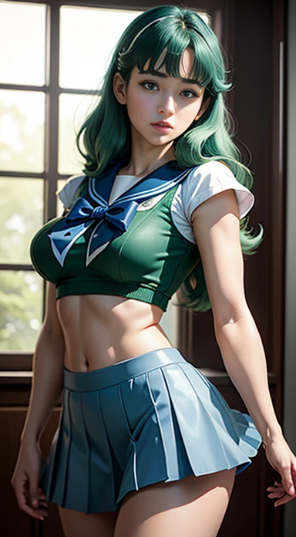 masterpiece, best quality, ultra-high-detailed, standing split, standing on one leg, sex, 1boy, 1girl, penis, Shion, green hair, green eyes, long hair, yellow ribbon, white shirt, blue necktie, blue skirt, black kneehighs,