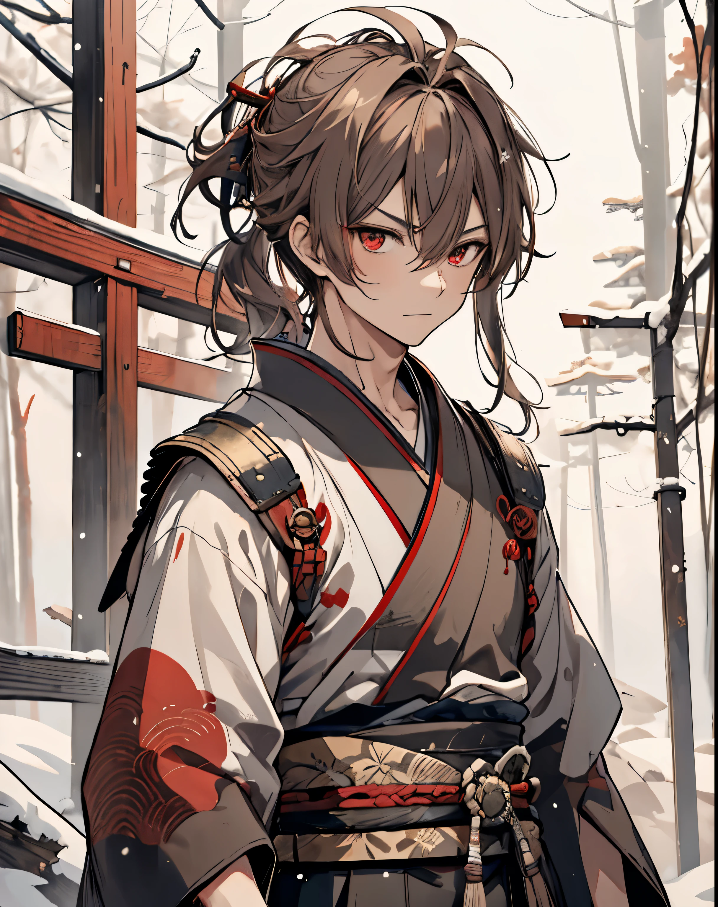 masterpiece, 1men, sparrow, a brown haired men, wearing red samurai kimono, curly medium hair, messy hair, slim body, wearing haori, he close her left eye, shirt ornament, serious expression, red eyes, stand at snowy forest, ahoge, grey haori, beautiful eyes, samurai, low ponytail