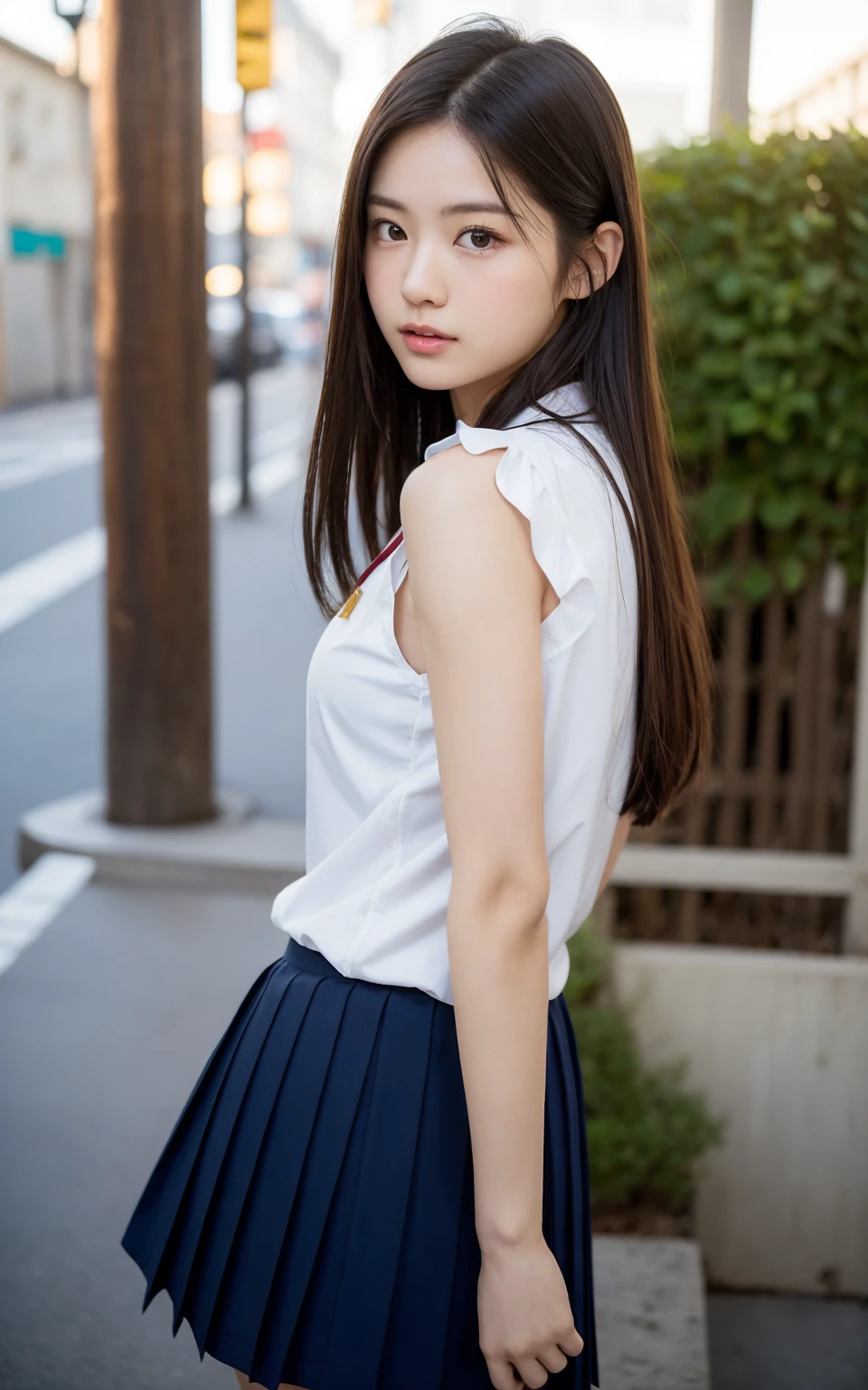 (8k、Raw photo、highest quality、masterpiece:1.2),(night,outdoors),((perfect lighting)),(long bob cut),looking at the viewer,Looking at the front,Turn around pose, back,strong,erotic,student,white skin,knees,absurd,small face,前hairを真ん中から分けます、I can see the forehead,(please be shy,tight eyes,glare,strong,skinny,skinny,get annoyed)、masterpiece,highest quality、超A high resolution,one person, solo,close up shot、cute、Return to student,(japanese school uniform:1.3),high school girl,japanese woman,standing,(Photoreal:1.37)、photon mapping,realistic、cutesmall face,brown eyes、prospect、Depth of the bounds written、blurred background、picture,girls、(前hairが見える), hair, kneesが見える, thigh,(Nogizaka Idol), actress、natural breasts、cleavage、Super fine、low person、(Skin with visible pores:1.2)、(focus on face)