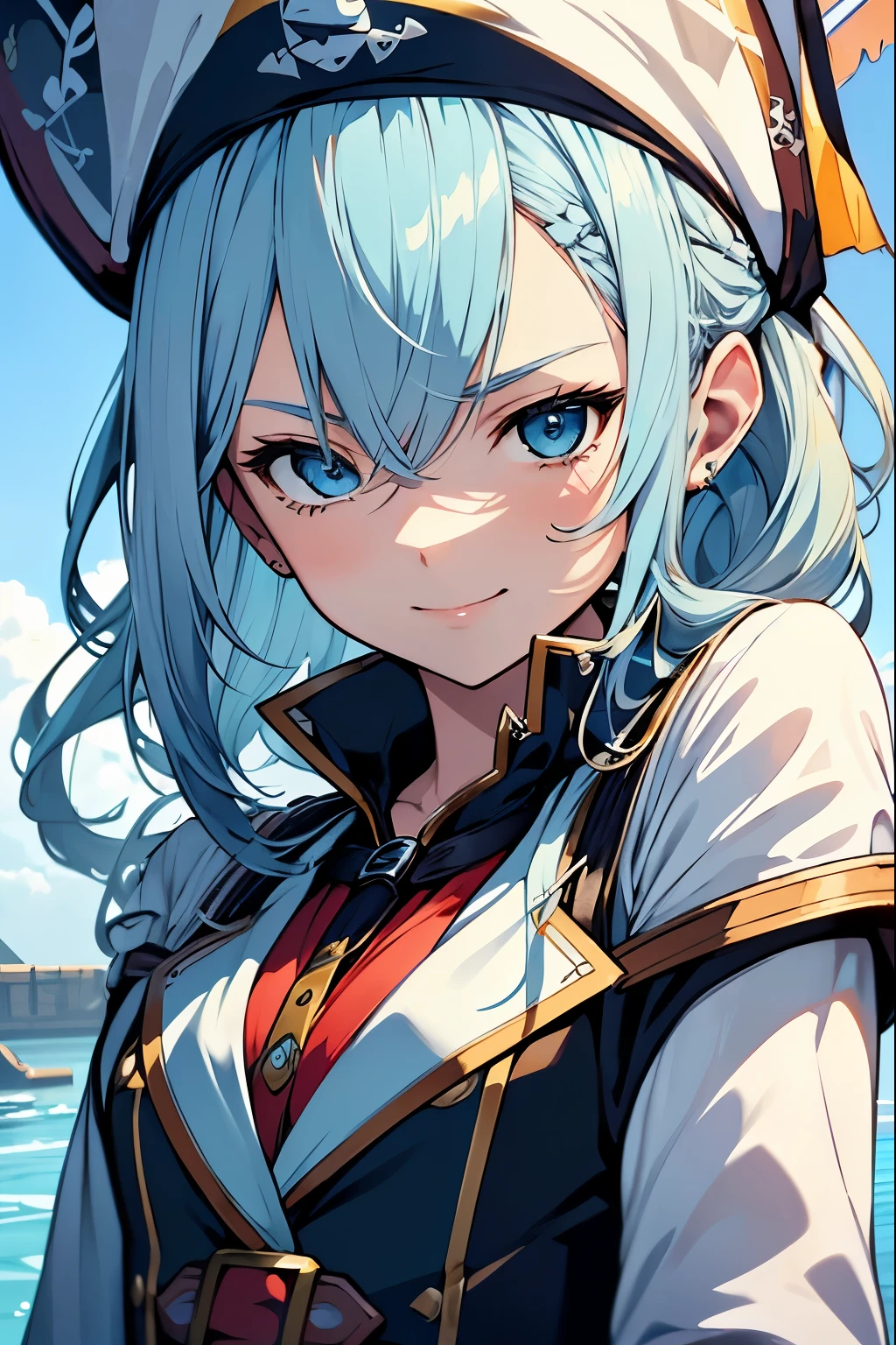 anime woman, young woman, ((alone)), ((1 Lady)、Clear image quality、、(((little pirate))))、(((light blue hair)))、two side up、((blonde)) gentle smile, ((high quality)), ((very detailed)), 