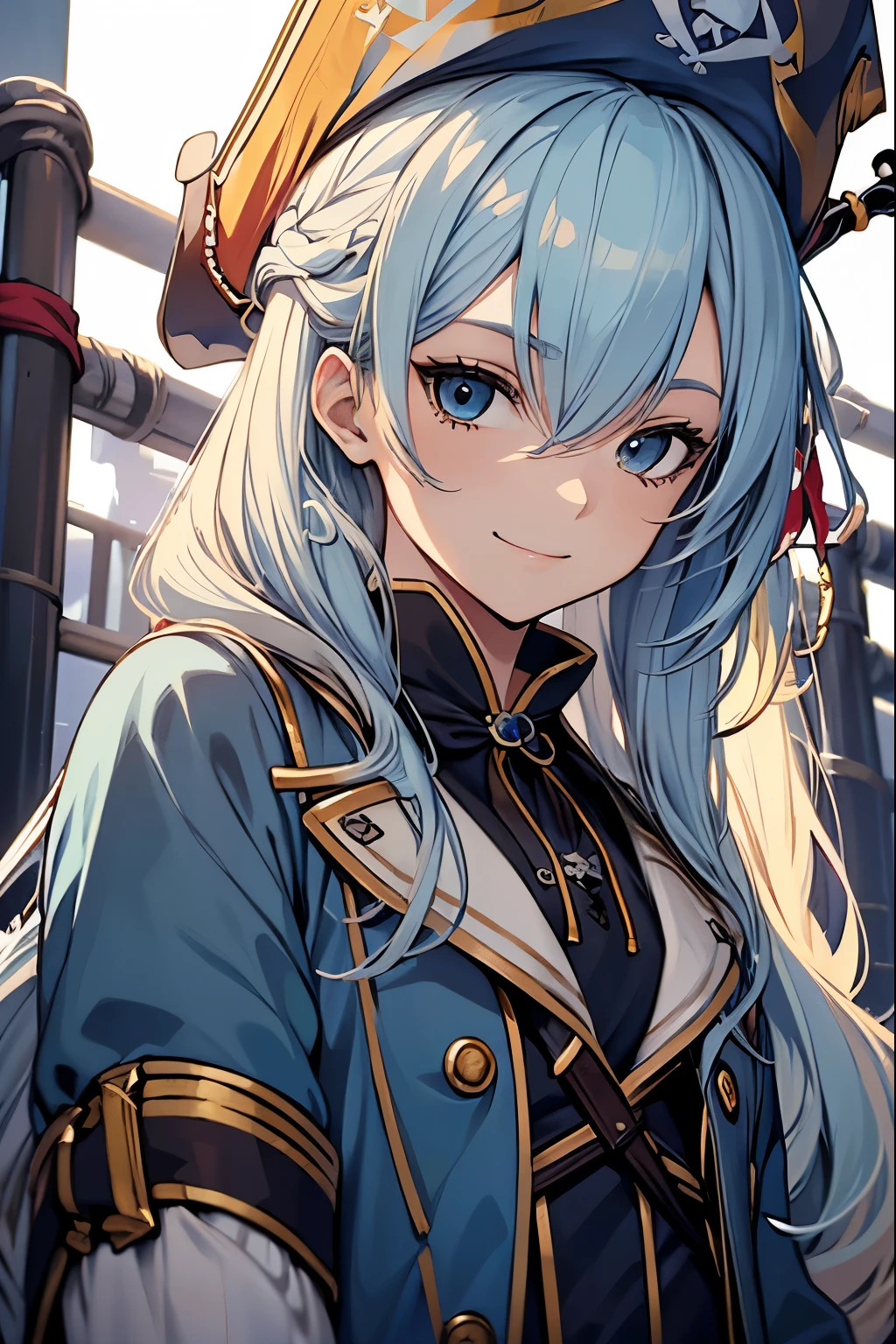 anime woman, young woman, ((alone)), ((1 Lady)、Clear image quality、、(((little pirate))))、(((light blue hair)))、two side up、((blonde)) gentle smile, ((high quality)), ((very detailed)),