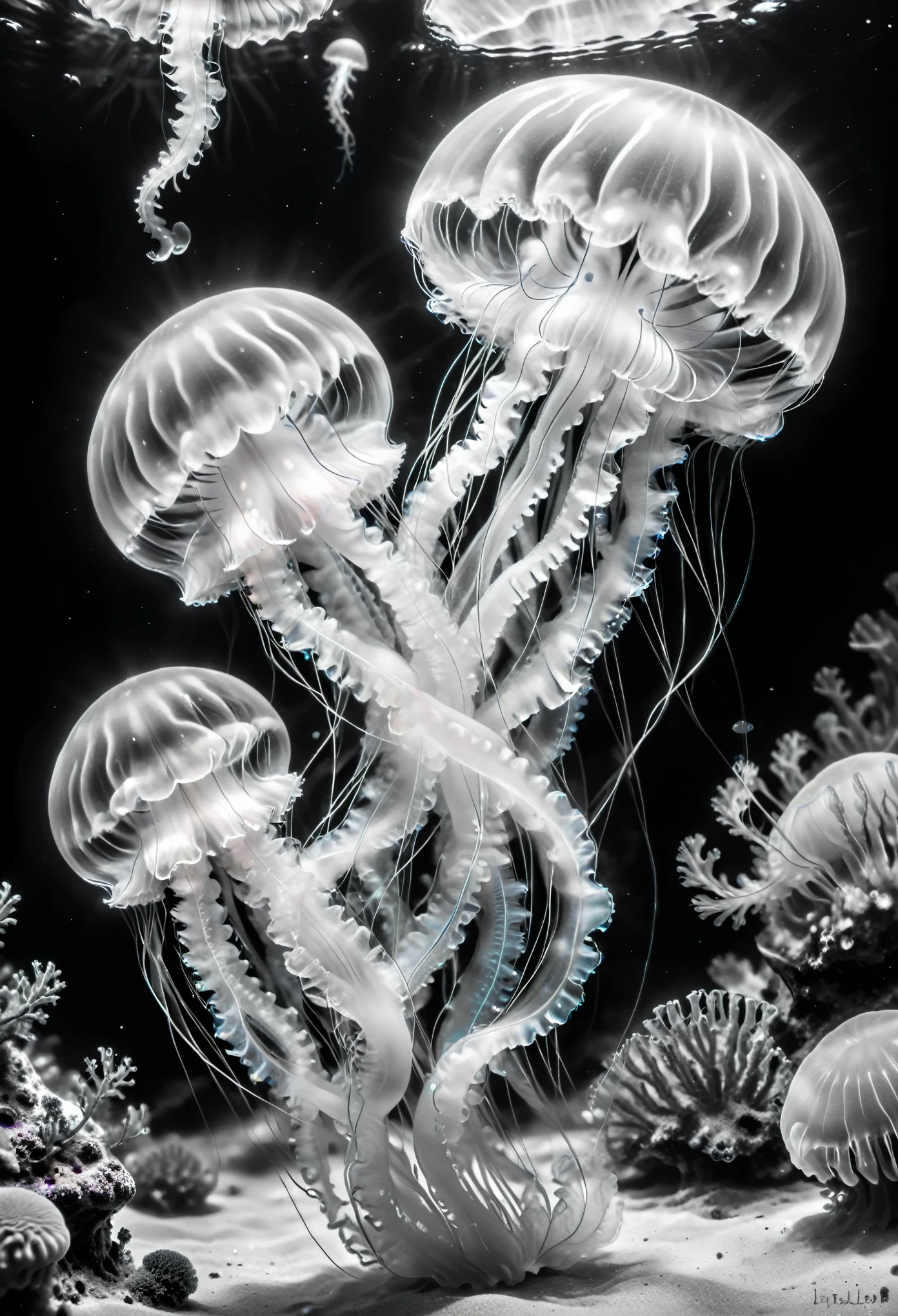 Cute jellyfish, Capture the ethereal dance of light and shadow in stunning monochrome photos with selective color detail, Revealing the hidden poetry of bioluminescence, underwater, (actual, photoactual, original photo:1.4), octane rendering, complex, (best quality, masterpiece, representative work, official art, professional, 8k wallpaper:1.3)