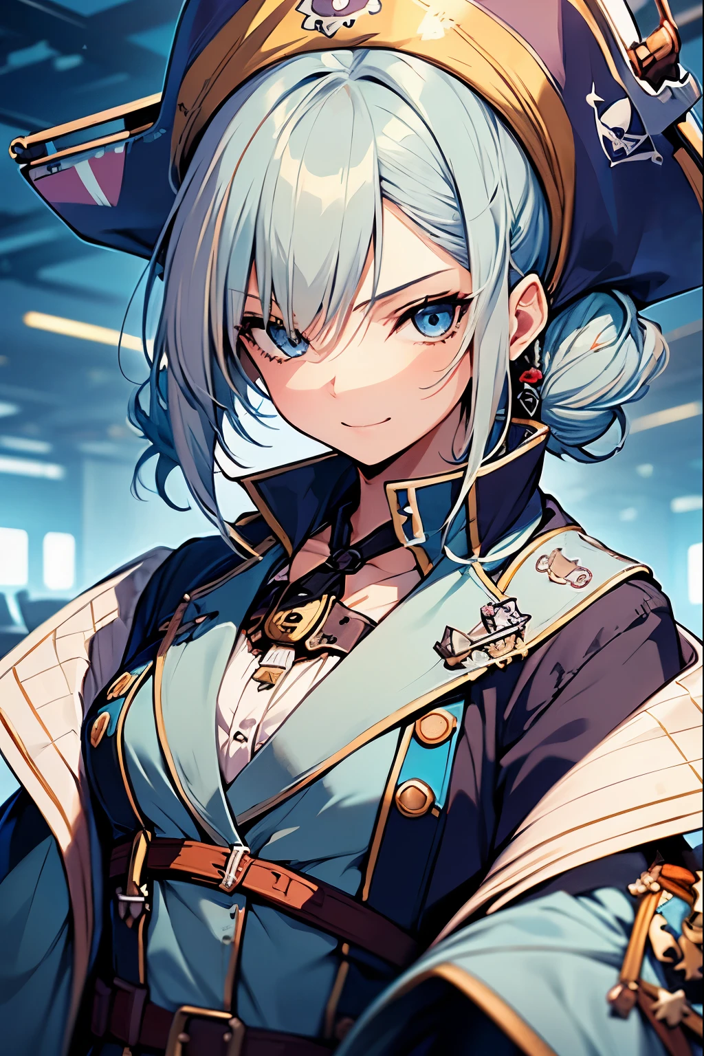 anime woman, young woman, ((alone)), ((1 Lady)、Clear image quality、、(((little pirate))))、(((light blue hair)))、two side up、((blonde)) gentle smile, ((high quality)), ((very detailed)), 
