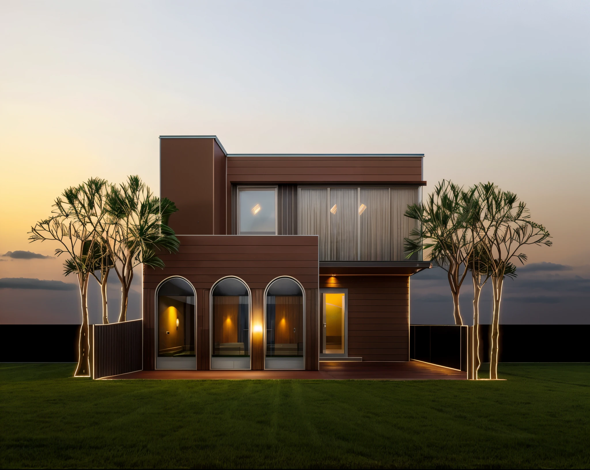 Photorealistic, photoreal, extreme detailed, high quality, insanely high quality octane render, modern house,red brick facade,large glass windows,arch with glass,perfect lighting,award winning,master peice,128k,evening,interior lights,
