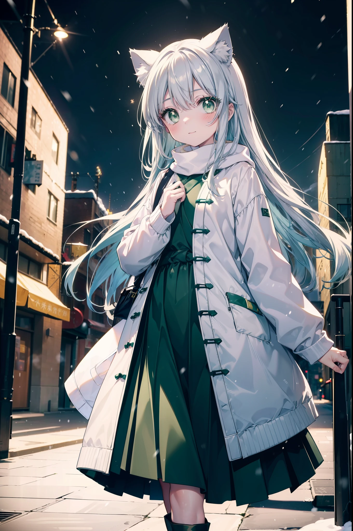 index, index, (green eyes:1.5), silver hair, long hair, (flat chest:1.2),Cat ear,cat tail,blush,smile,open your mouth,gray handbag,yellow long coat, white hoodie, black long skirt,black pantyhose,Mini Boots,winter,night,cold sky,snow is scattered,It&#39;s snowing,background　big christmas tree,
break looking at viewer, Upper body, whole body,
break outdoors, In town,building street,
break (masterpiece:1.2), highest quality, High resolution, unity 8k wallpaper, (figure:0.8), (beautiful deしっぽed eyes:1.6), extremely deしっぽed face, perfect lighting, extremely deしっぽed CG, (perfect hands, perfect anatomy),