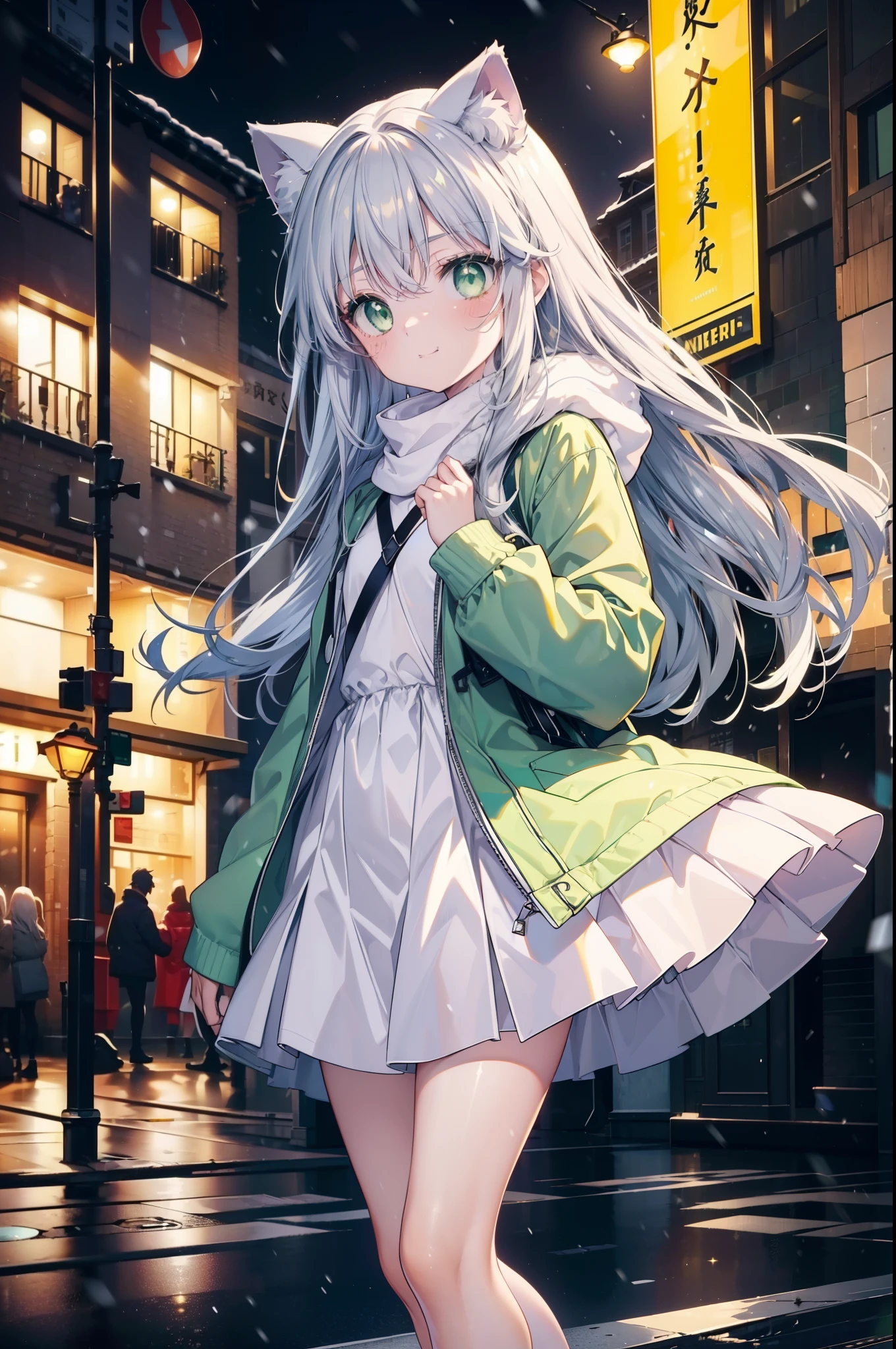 index, index, (green eyes:1.5), silver hair, long hair, (flat chest:1.2),Cat ear,cat tail,blush,smile,open your mouth,gray handbag,yellow long coat, white hoodie, black long skirt,black pantyhose,Mini Boots,winter,night,cold sky,snow is scattered,It&#39;s snowing,background　big christmas tree,
break looking at viewer, Upper body, whole body,
break outdoors, In town,building street,
break (masterpiece:1.2), highest quality, High resolution, unity 8k wallpaper, (figure:0.8), (beautiful deしっぽed eyes:1.6), extremely deしっぽed face, perfect lighting, extremely deしっぽed CG, (perfect hands, perfect anatomy),