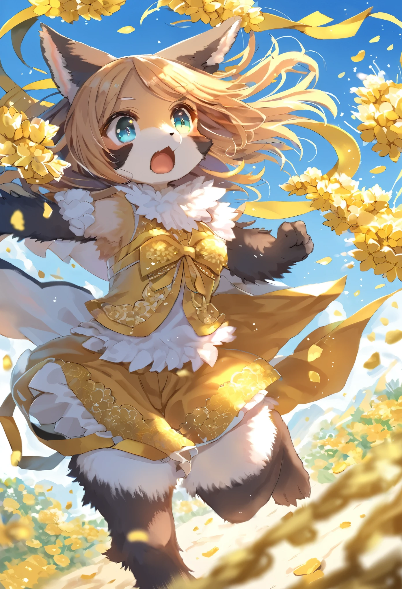 girl, kemono, furry, detailed body fur, animal face, animal hand, running, unfocused spread of gold flower,