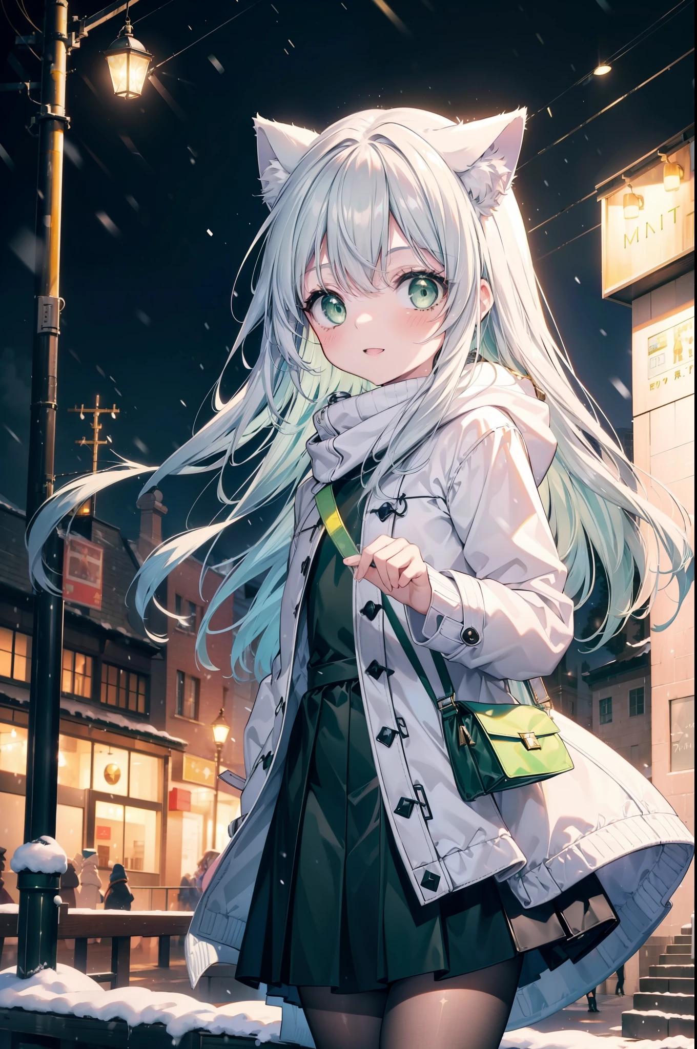 index, index, (green eyes:1.5), silver hair, long hair, (flat chest:1.2),Cat ear,cat tail,blush,smile,open your mouth,gray handbag,yellow long coat, white hoodie, black long skirt,black pantyhose,Mini Boots,winter,night,cold sky,snow is scattered,It&#39;s snowing,background　big christmas tree,
break looking at viewer, Upper body, whole body,
break outdoors, In town,building street,
break (masterpiece:1.2), highest quality, High resolution, unity 8k wallpaper, (figure:0.8), (beautiful deしっぽed eyes:1.6), extremely deしっぽed face, perfect lighting, extremely deしっぽed CG, (perfect hands, perfect anatomy),