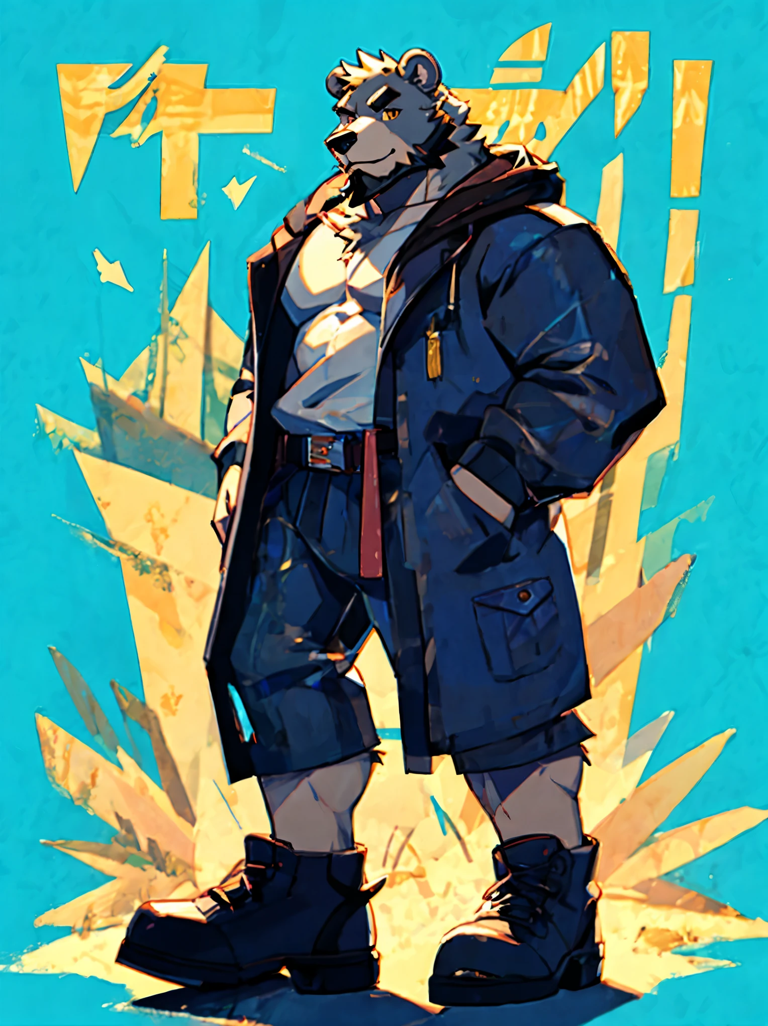 (masterpiece:1.2), best quality,pixiv,official art,perfect anatomy, (Ray tracing, light),solo, (1_male:1.3) , (muscle), (gray fur:1.4), (muscle bear), (beard:1.2), (gleaming golden eyes), Thick eyebrows, open hoodie,cargo shorts ,Brown boots, portrait, pure lightblue background