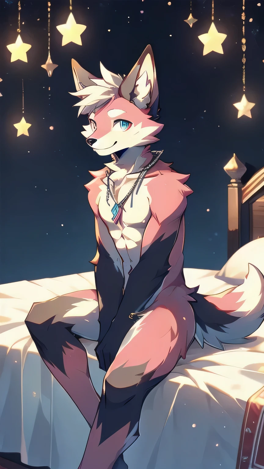 Anthropomorphic fox, In good condition, Pink fur, alone, (Exquisite details), white, Smile, Handsome, OK, white underwear, sitting on bed, Candy elements, Star decoration, canine, male, giggle, (Slim, exquisite eyes), necklace, naked, full-body shot