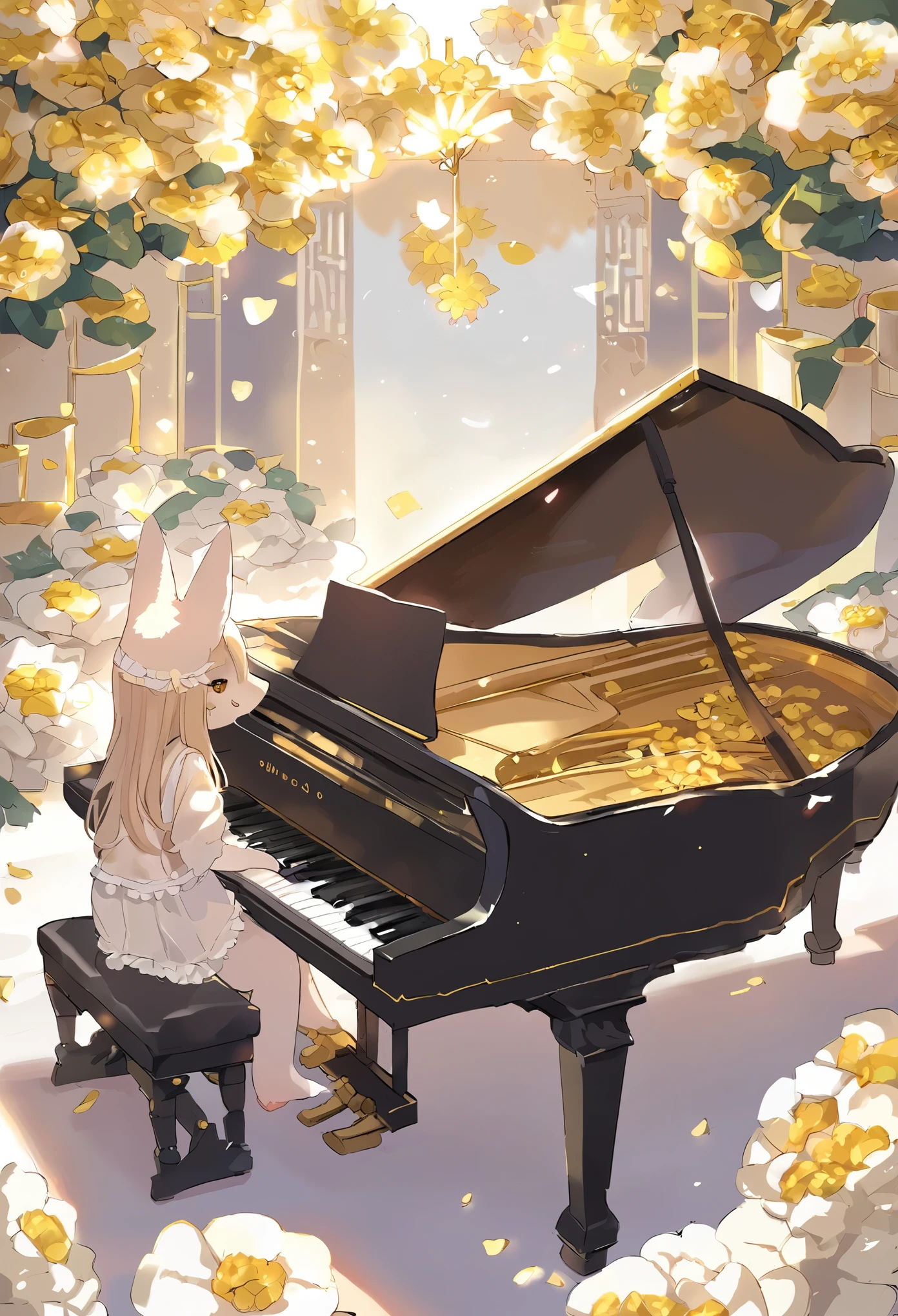 girl, kemono, furry, detailed body fur, animal face, animal hand, play the piano, unfocused spread of gold flower,