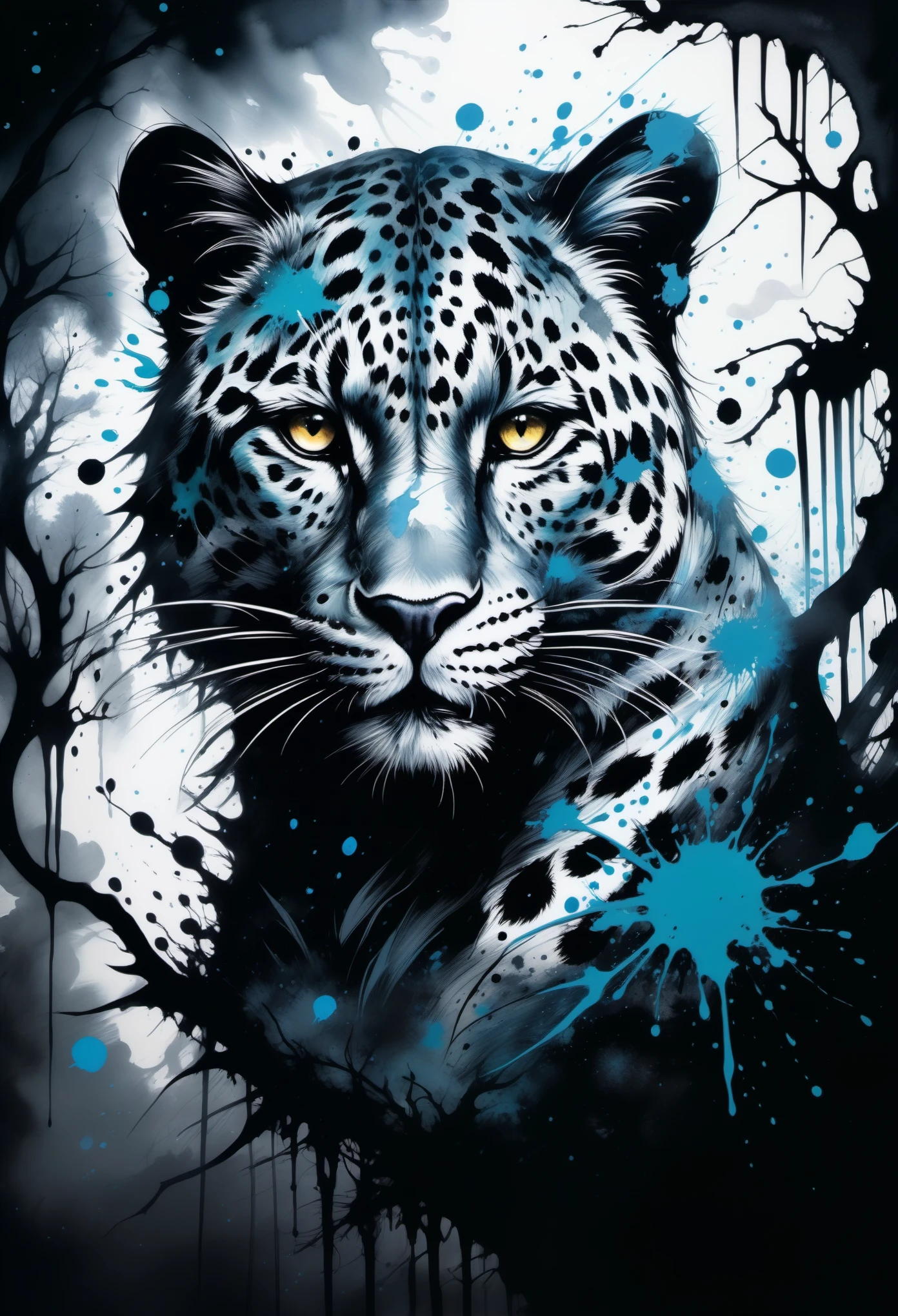 (((In dark fantasy ink splatter art:1.3))), Shabby leopard, Mesmerizingly beautiful scenery appears, Chaotic black strokes ink splatter, Intricate details blend into the world of the ethereal forest, Otherworldly creatures, insanely beautifu, Gongbi, Every stroke exudes a charming feeling, extraordinary creation, Whether it is ink painting or oil painting, Master stunning details, pure brilliance, Creepy atmosphere ink splatter coating,