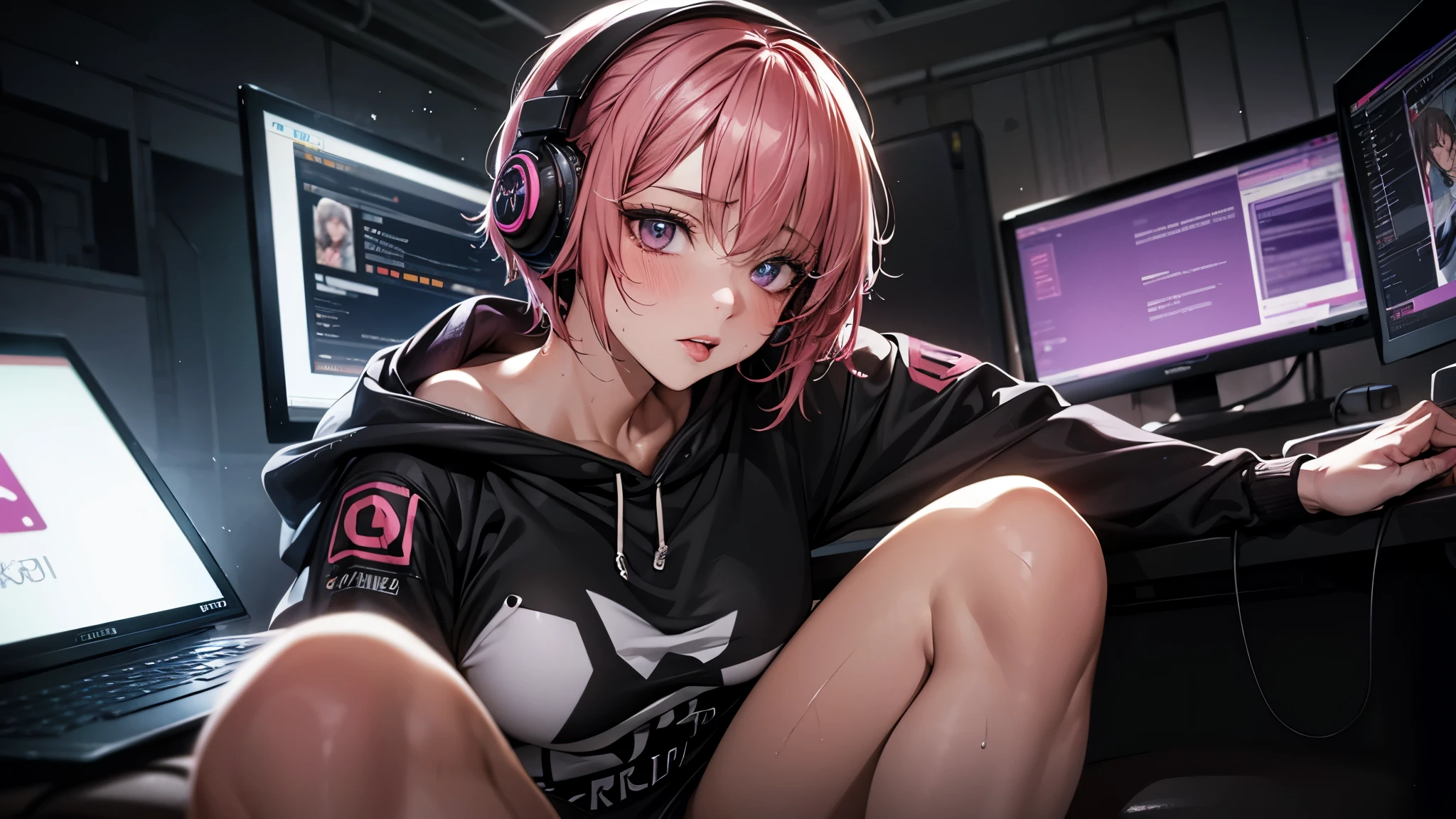 (Best quality, 8K, Masterpiece:1.3, 1girl, Beautiful girl), cute, Dynamism, Detailed face, Detailed skin, detailed clothes, Detailed eyes, Detailed lips, Detailed tongue, Detailed fingers, Detailed mouth, Photorealistic, Raw photo, highres, hight resolution, Natural lighting, dynamic pose, perfect anatomy, toned legs, double eyelids, tear bags, round eyes, moist lips, sweaty, (The background is a cyberpunk room with a large number of monitors), laptop, blush, Pink hair, headphone, headset, Female Game Commentator, gazing at viewer, (masturbation), wet clothes, sheer wet, sitting in gaming chair, youtuber, short hair, white hoodie, nsfw, cowboy shot, shape of nipple
