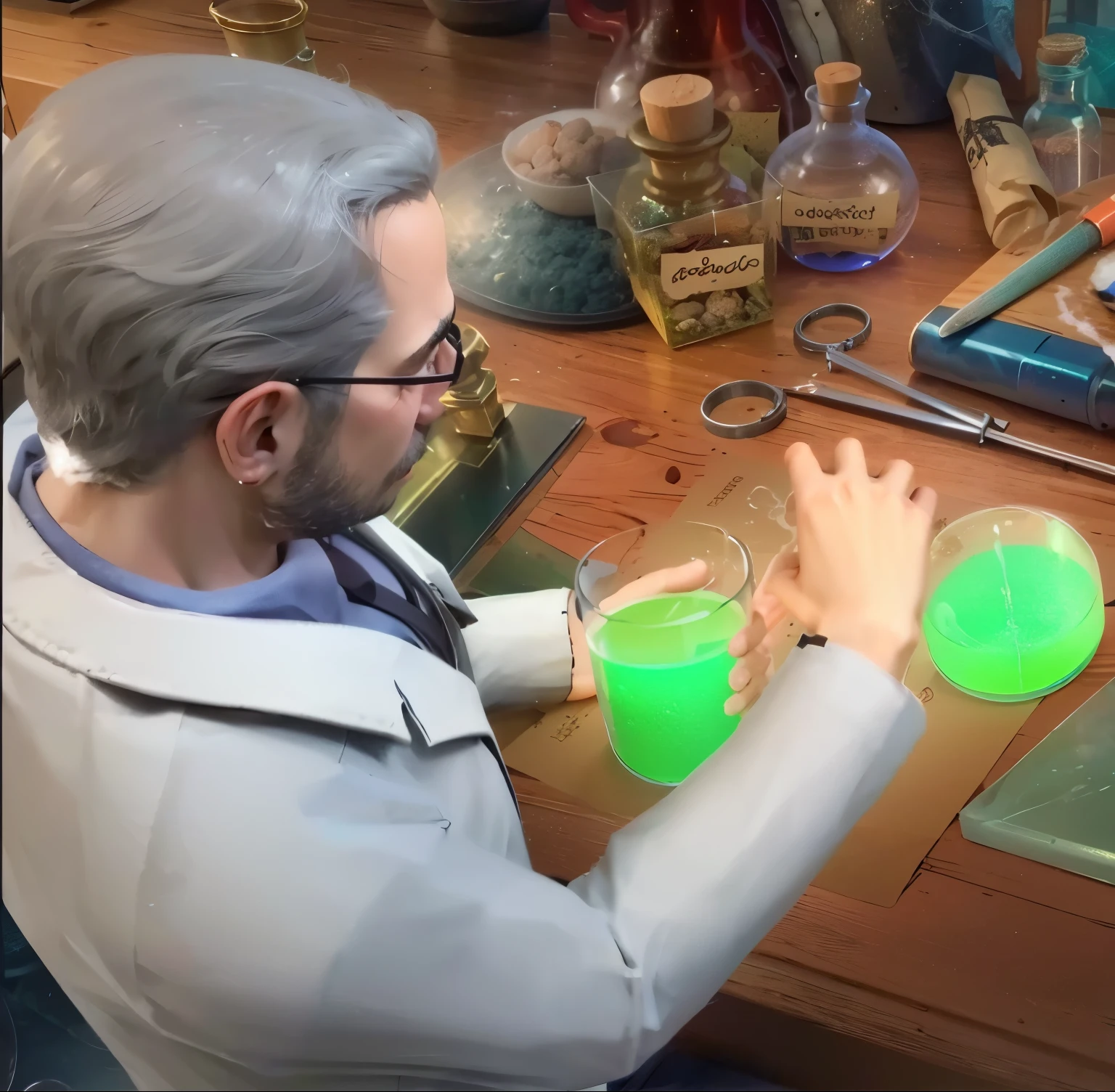 六十岁的doctor在do experiments，Realistic，Wearing a white coat，At the table，doctor，Holding a potion bottle in hand,Pouring potion，do experiments,alchemist lab, Home, mysterious laboratory, laboratory background, laboratory experiment, alchemist lab, Game screenshots, making a potion, Game screenshots, Detailed scene,Ultra-clear，8k，Lots of details