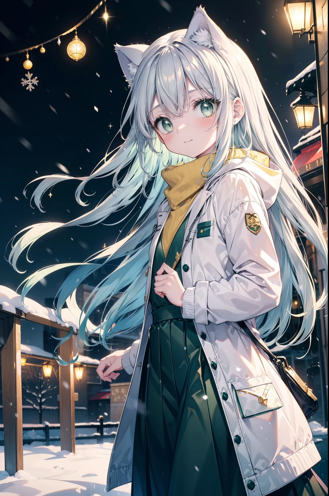 index, index, (green eyes:1.5), silver hair, long hair, (flat chest:1.2),Cat ear,cat tail,blush,smile,open your mouth,gray handbag,yellow long coat, white hoodie, black long skirt,black pantyhose,Mini Boots,winter,night,cold sky,snow is scattered,It&#39;s snowing,background　big christmas tree,
break looking at viewer, Upper body, whole body,
break outdoors, In town,building street,
break (masterpiece:1.2), highest quality, High resolution, unity 8k wallpaper, (figure:0.8), (beautiful deしっぽed eyes:1.6), extremely deしっぽed face, perfect lighting, extremely deしっぽed CG, (perfect hands, perfect anatomy),