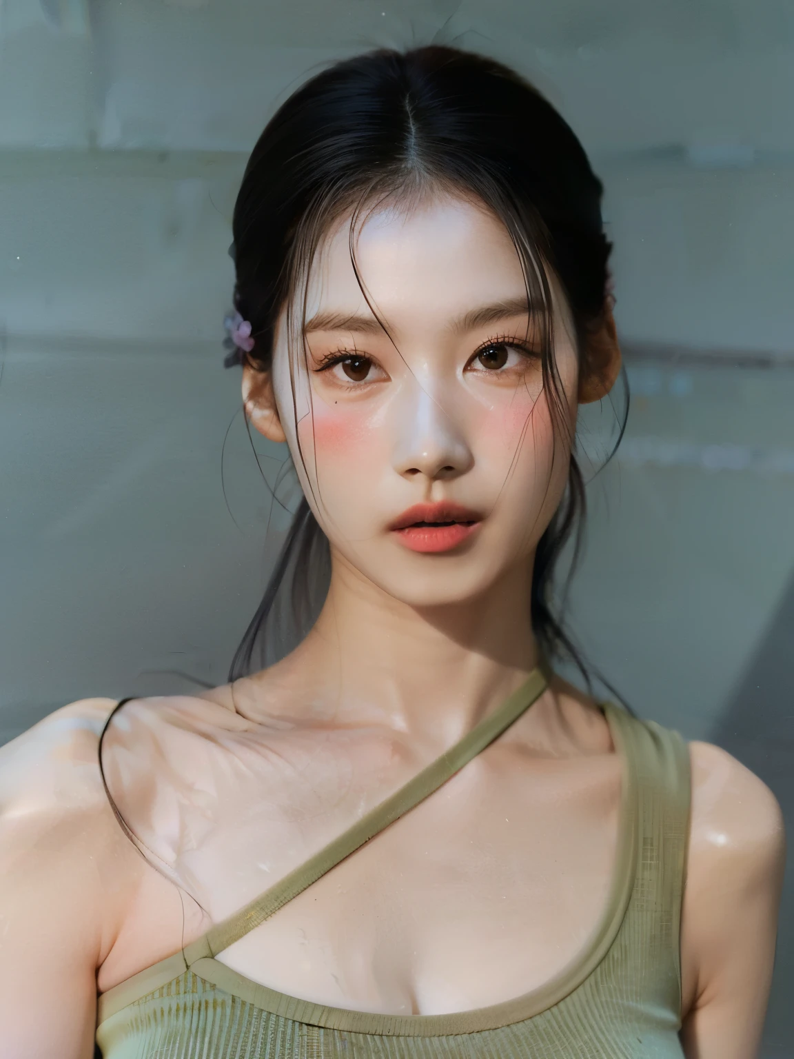 un primer plano de una mujer con un top verde y cabello negro, beautiful south mujer coreana, Sana de Twice, beautiful young mujer coreana, maquillaje coreano popular, maquillaje popular de corea del sur, muchacha coreana, gorgeous young mujer coreana, hermoso rostro estetico, rasgos de la cara coreana, asian features, joven y adorable rostro coreano, ulzzang, preciosa modelo china, mujer coreana,  Face Korean, Korean Woman, Korean Fem, K-pop group, K-pop Twice, Twice, Sana, Sana Face, Sana Twice, Minatozaki sana, Sana k-pop