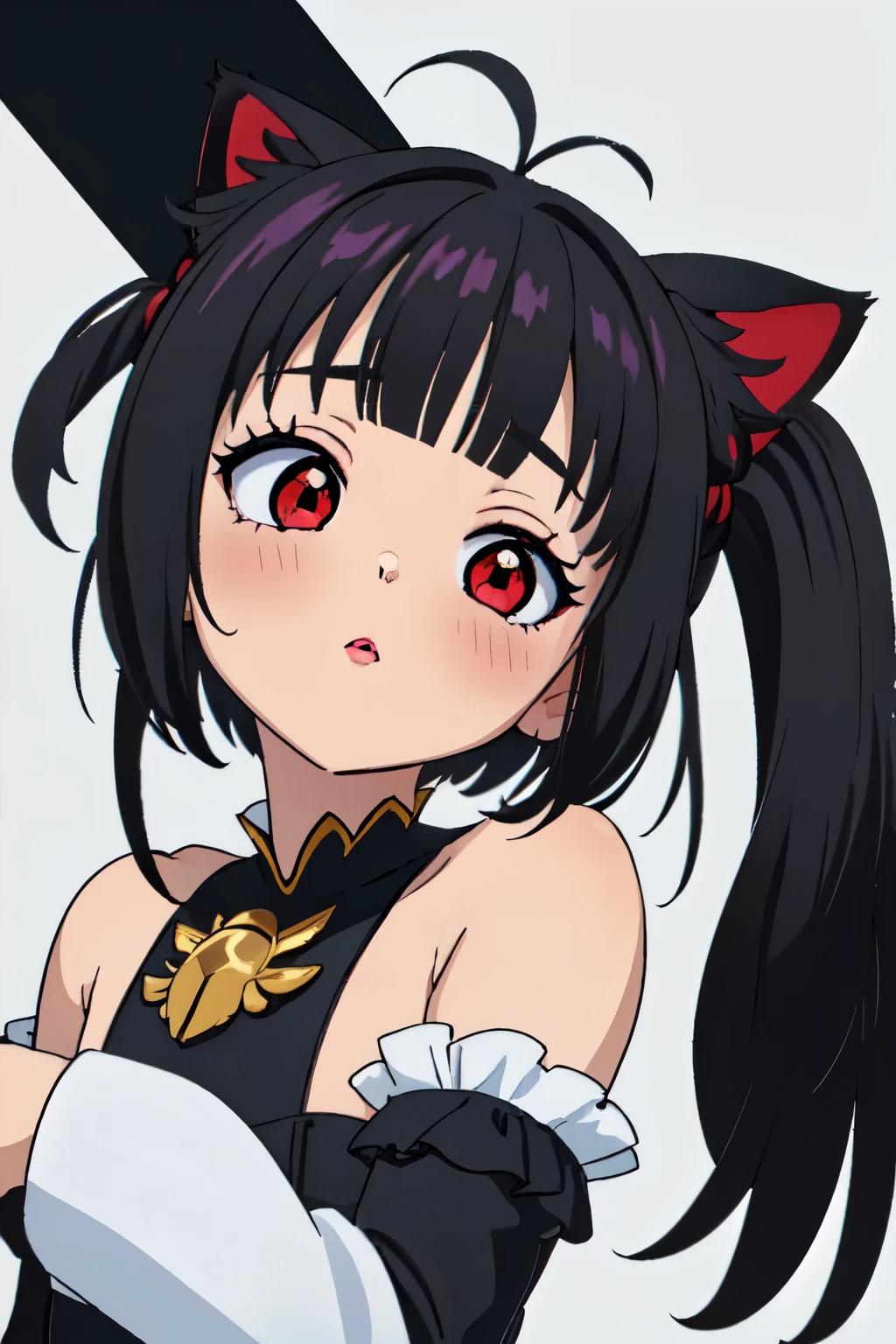 (high resolution, de primera calidad, ultra calidad, El ultra detallado, lighting like a movie、escote del pecho、cara de beso、Ojos cerrados、rubor rojo、embarazoso、sudoroso、Strain,Frontal Face), ,((long hair slightly wavy slightly past the shoulders, black bangs, small black pigtails on the sides, cute cat ears, beautiful thin red eyes)),