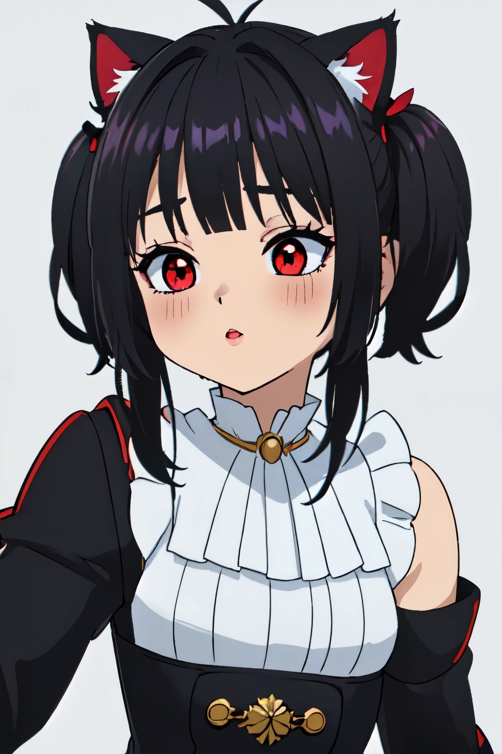 (high resolution, de primera calidad, ultra calidad, El ultra detallado, lighting like a movie、escote del pecho、cara de beso、Ojos cerrados、rubor rojo、embarazoso、sudoroso、Strain,Frontal Face), ,((long hair slightly wavy slightly past the shoulders, black bangs, small black pigtails on the sides, cute cat ears, beautiful thin red eyes)),