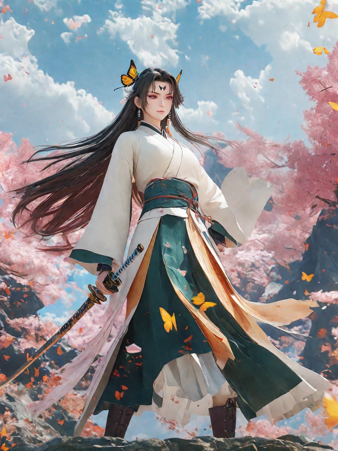 diy17,Highest quality, ultra-high definition, masterpieces, 8k, realistic, anime styled, 3d render,anime - style illustration of a woman holding a sword with butterflies flying around her, badass anime 8 k, anime style 4 k, anime art wallpaper 8 k, demon slayer rui fanart, anime art wallpaper 4k, anime art wallpaper 4 k, demon slayer artstyle, 4 k manga wallpaper, 4k anime wallpaper, anime wallpaper 4k, anime wallpaper 4 k
