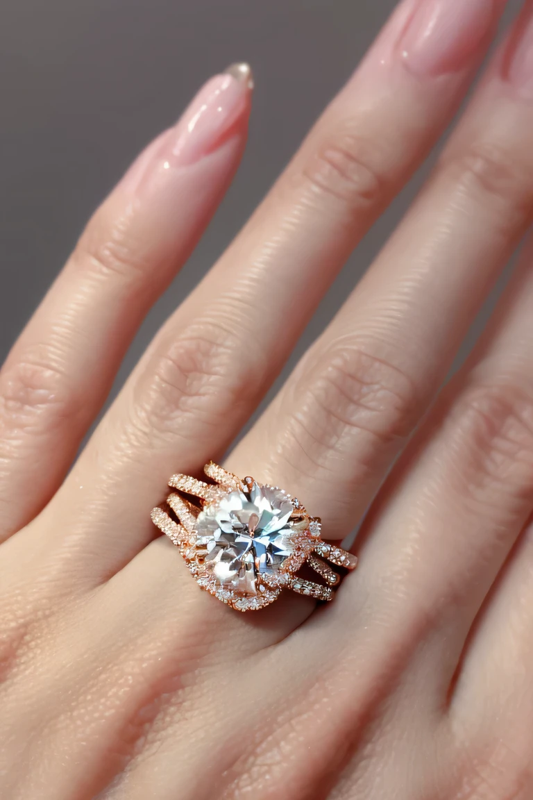 Super detailed, high resolution, Very detailed,Beautiful and delicate hands，Wear a beautiful gemstone engagement ring