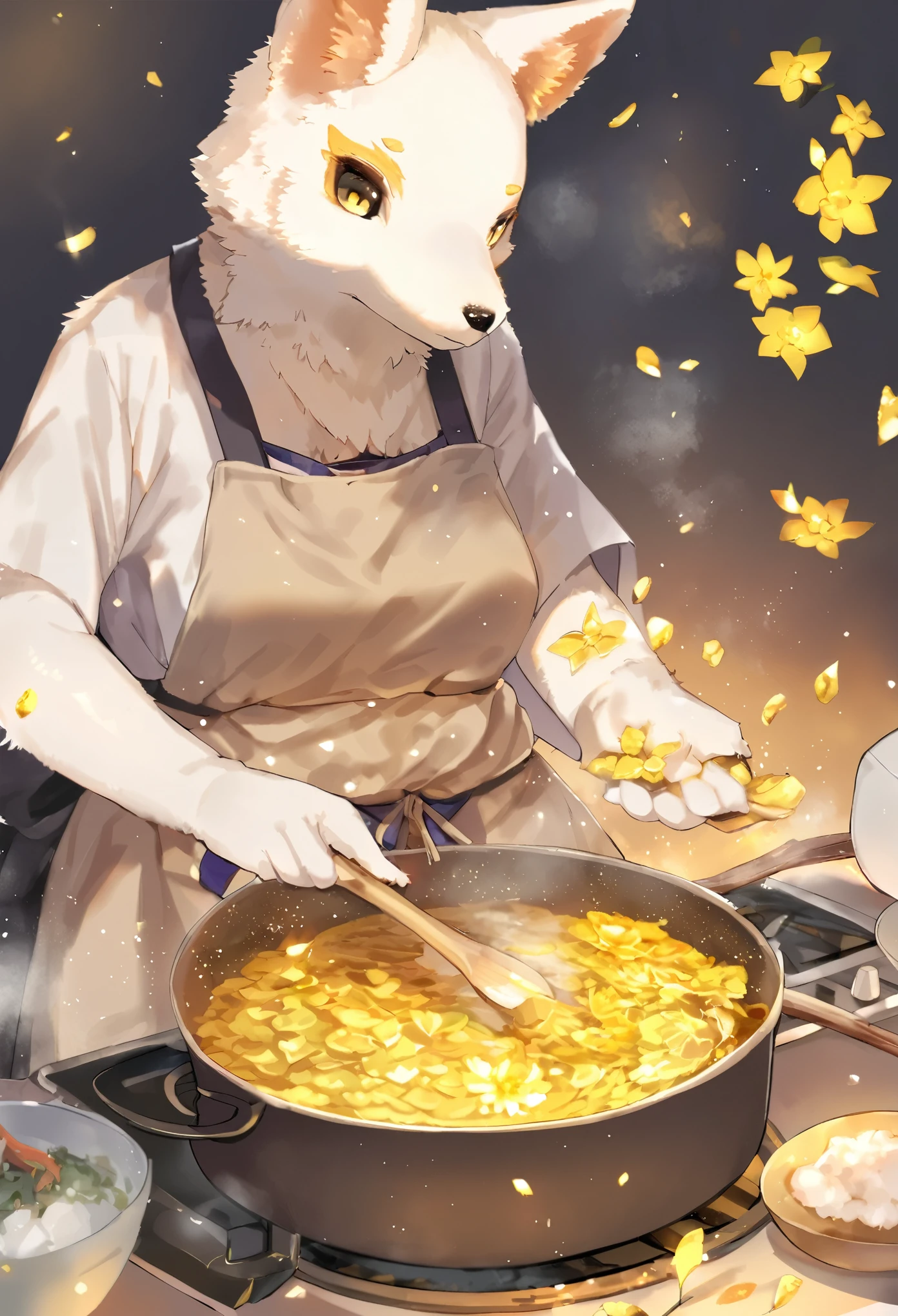 girl, kemono, furry, detailed body fur, animal face, animal hand, cooking, unfocused spread of gold flower,