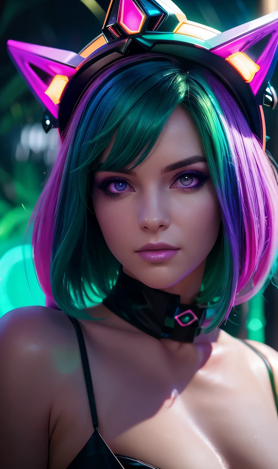 portrait | wide angle shot of eyes off to one side of frame, lucid dream-like woman, looking off in distance  | daydreampunk with glowing skin and eyes, styled in headdress, beautiful, she is dripping in neon lights, very colorful blue, green, purple, bioluminescent, glowing background | forest, vivid neon wonderland, particles, blue, green, purple| rule of thirds, golden ratio, assymetric composition, hyper- maximalist, octane render, photorealism, cinematic realism, unreal engine, 8k