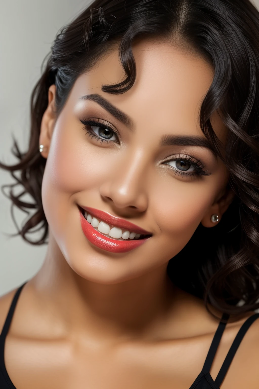A 28-year-old Latina woman with short, false curly hair and a slim, curvy figure poses confidently in the center of the image. Her bright brown eyes radiate warmth and charm as she flashes a dimpled smile with a hint of her white teeth. The image is captured in high quality, with sharp focus and volumetric lighting that accentuates her features. The detailed, realistic skin texture is reminiscent of a masterpiece, as if taken with a DSLR in soft lighting. She wears a red lipstick that complements her vibrant complexion. The atmosphere is sensual and captivating, as if telling a story of a confident and alluring woman.