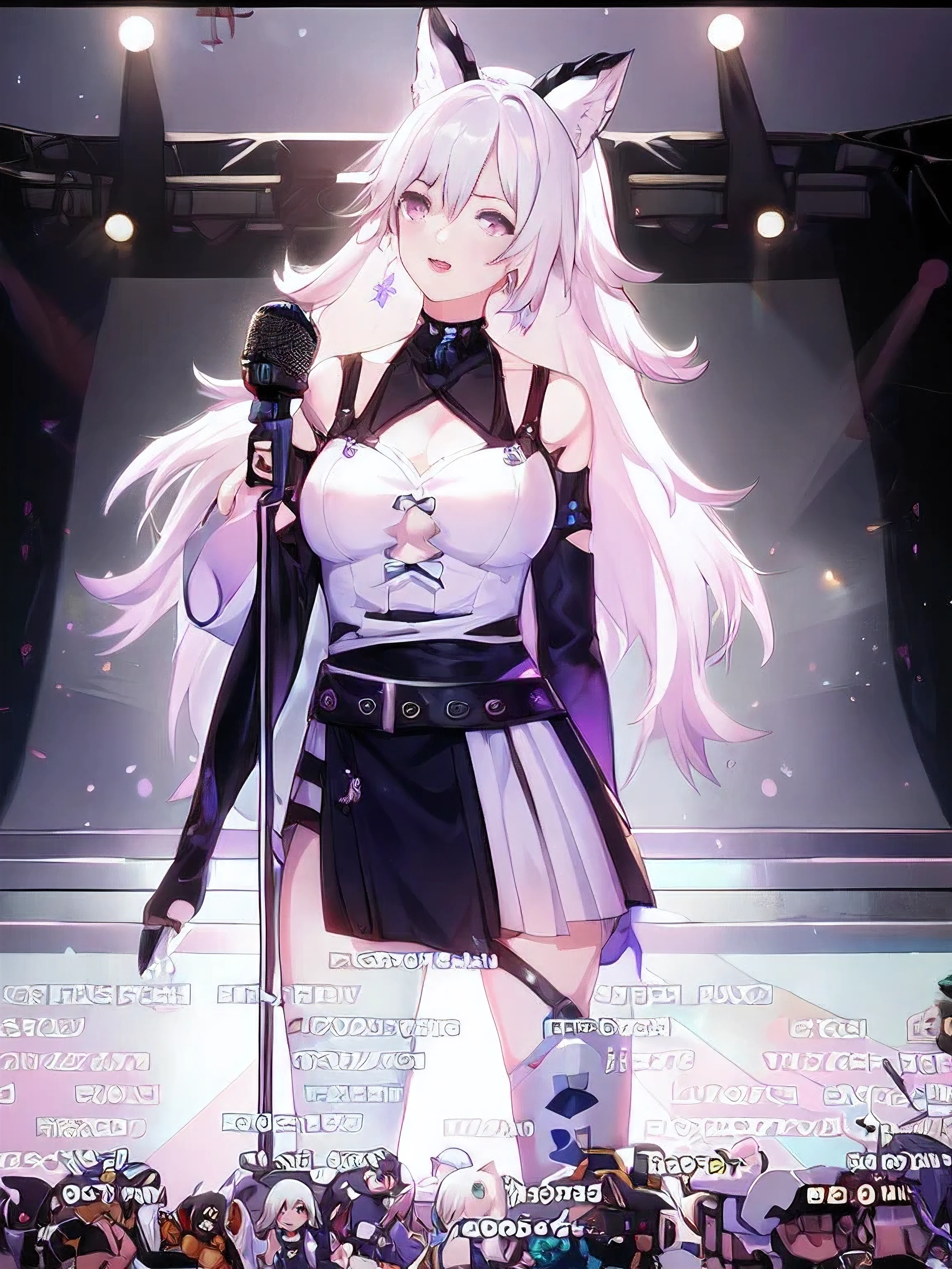 anime girl with white hair and lilac eyes in a black outfit with a microphone and microphone, virtual model of youtuber live2d, Anime VTuber Full Body Model, Tifa Lockhart with white hair, girls on the front line universe, from girls on the front line, The perfect white-haired girl, from the video game Azur Lane, my dressy anime, Expensive, girls on the front line style, visual novel cg, small parts. girls on the front line, on stage, 4k, 8k, hd, 