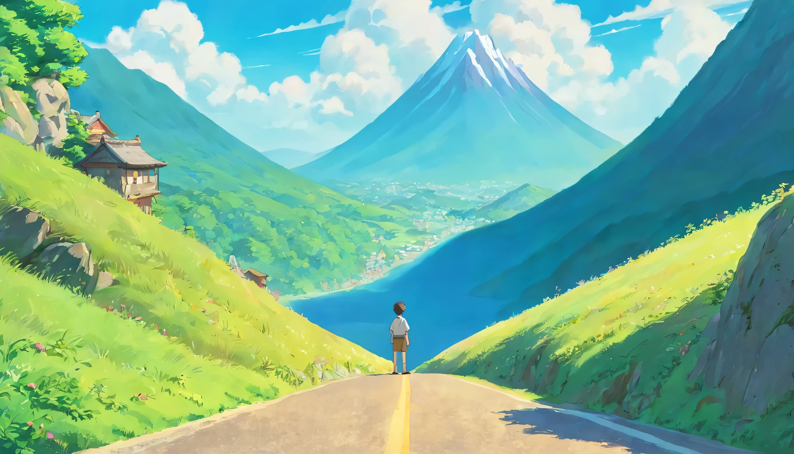 boy standing on the end of the road, watching big mountains ahead, bright sunny day, breezy environment, cool,