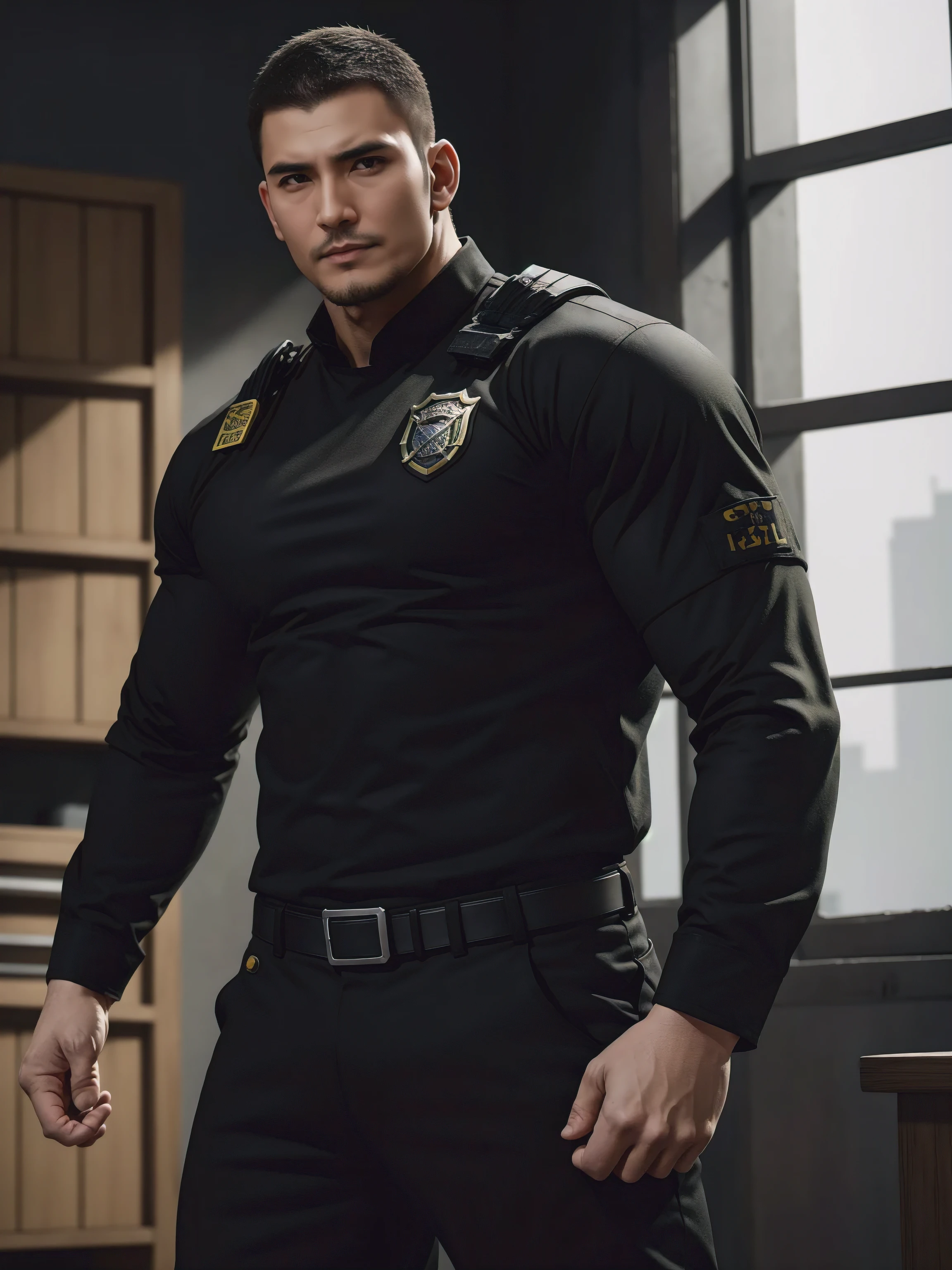 One Tall giant muscular肌肉男警官，Yellow and black police uniform，Police uniform pants，Wear it over a shirt，character concept（Resident Evil - chris redfield，chris redfield）proud expression，Deep and charming eyes，heroic male pose，tall burly，muscular！muscular thighs，tough guy，perfect facial features，High, burly, Heqiang， Super gain and cool， high resolution committee，Charming strong man，The bright sunshine shines on the face through the window