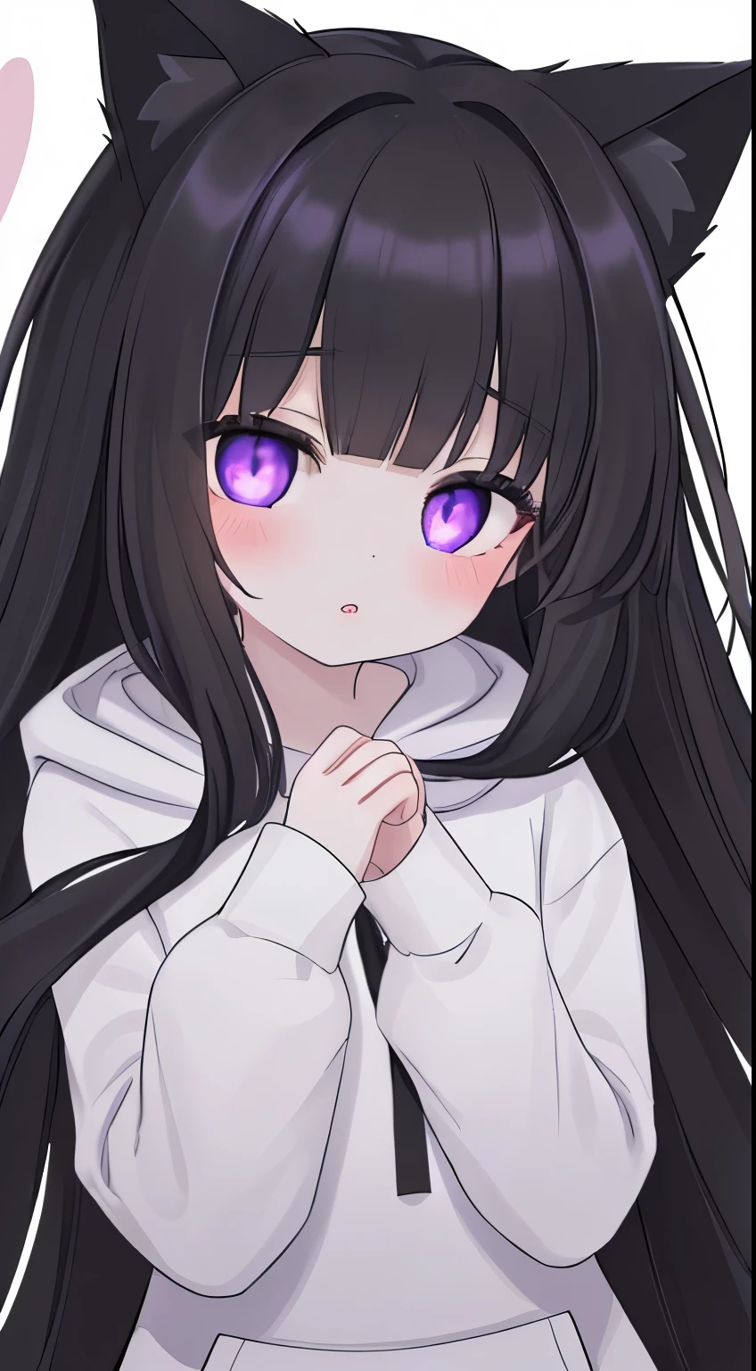 (work: 1.2, best quality), (real picture, intricate details), fantasy fiction character, 1 girl, innocent girl, cute girl, best visual, pretty picture, picture perfect, long hair with bangs, dark black hair color dark lavender eye color, pale white skin, heart-shaped lips, beautiful eyes, black hoodie with cat ears.