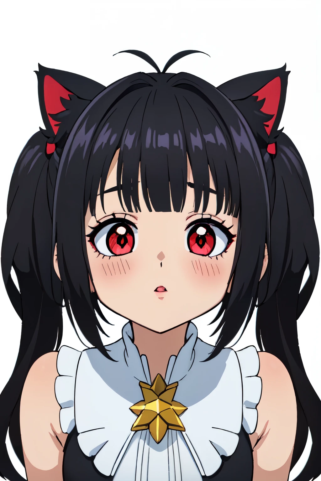 (high resolution, de primera calidad,  ultra calidad, El ultra detallado, lighting like a movie、escote del pecho、cara de beso、Ojos cerrados、rubor rojo、embarazoso、sudoroso、Strain,Frontal Face), ,((long hair slightly wavy slightly past the shoulders, black bangs, small black pigtails on the sides, cute cat ears, beautiful thin red eyes)), (fondo en un cuarto estilo anime de una chica decorado muy cute)