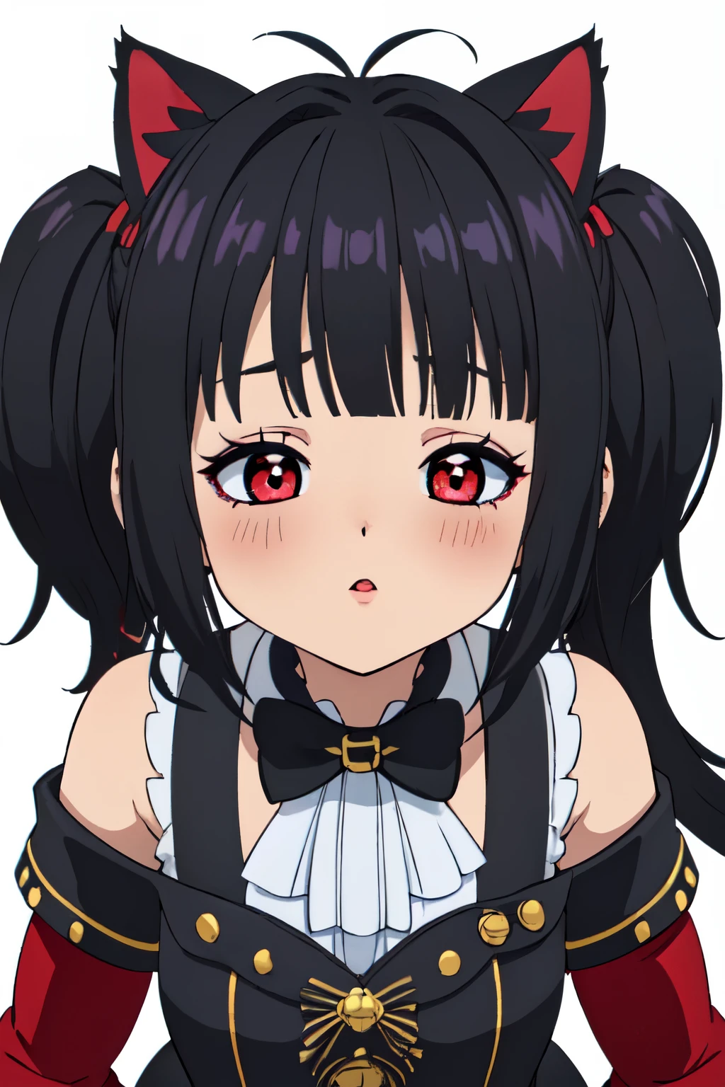 (high resolution, de primera calidad,  ultra calidad, El ultra detallado, lighting like a movie、escote del pecho、cara de beso、Ojos cerrados、rubor rojo、embarazoso、sudoroso、Strain,Frontal Face), ,((long hair slightly wavy slightly past the shoulders, black bangs, small black pigtails on the sides, cute cat ears, beautiful thin red eyes)), (fondo en un cuarto estilo anime de una chica decorado muy cute)