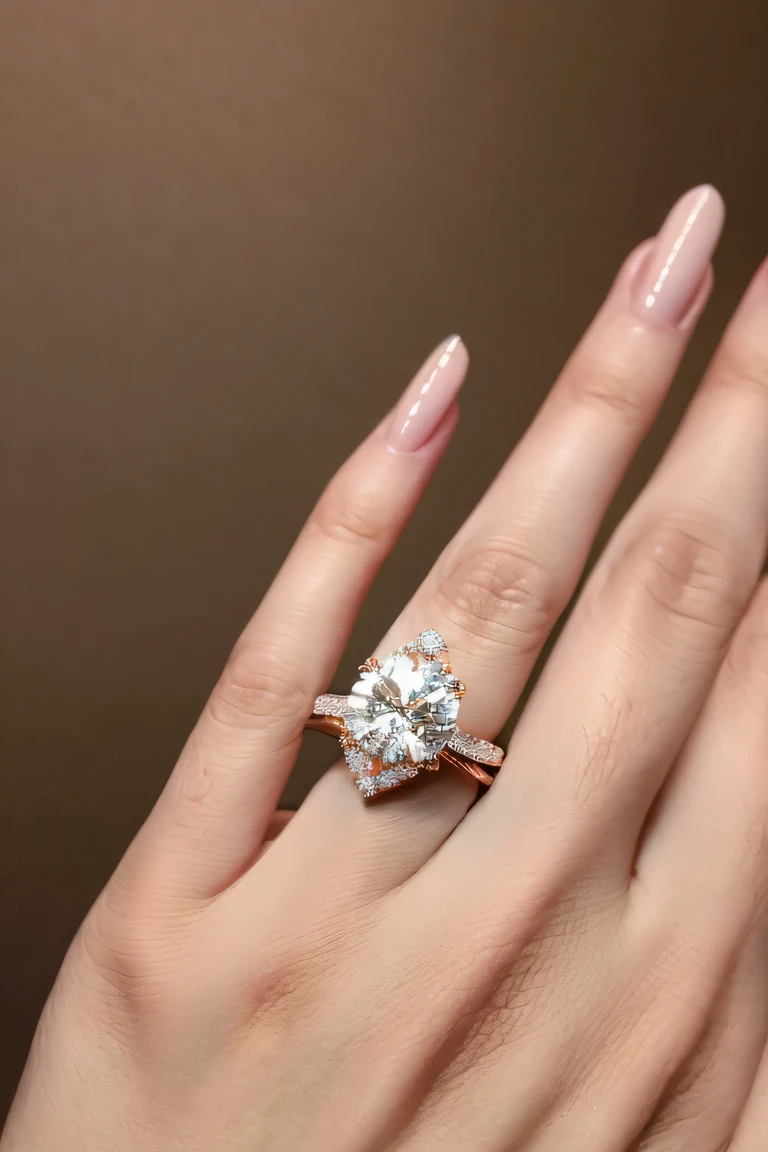 Super detailed, high resolution, Very detailed,Beautiful and delicate hands，Wear a beautiful gemstone engagement ring