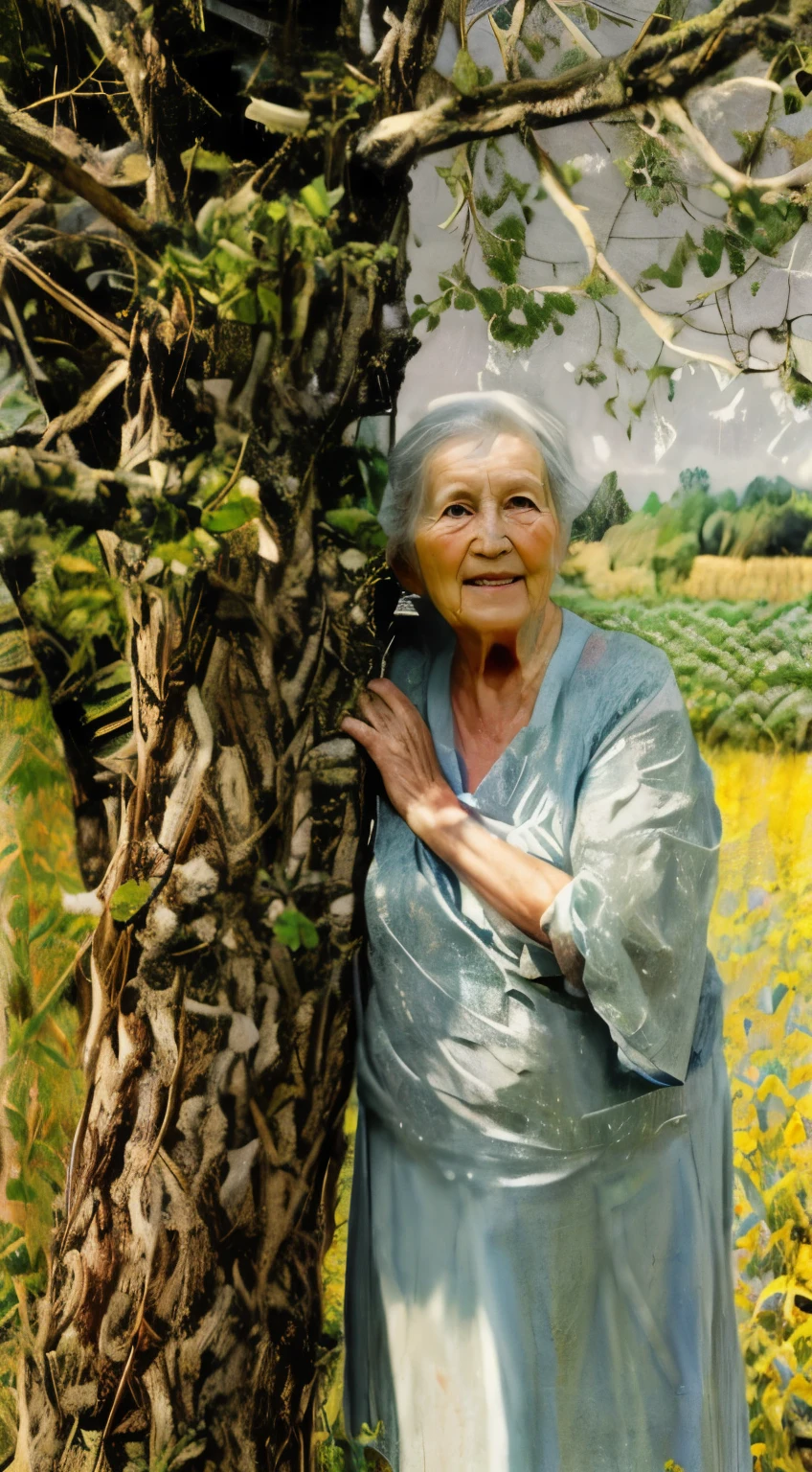 woman, leaning against a tree in a field, there's a field behind her, from Maximilizhan Vanka, Anna Nikonova, against a tree background, She is about 70 years old, another courtyard, next to the tree, Sandra Peltzer, Svetlana Belyaeva, Maria Panfilova