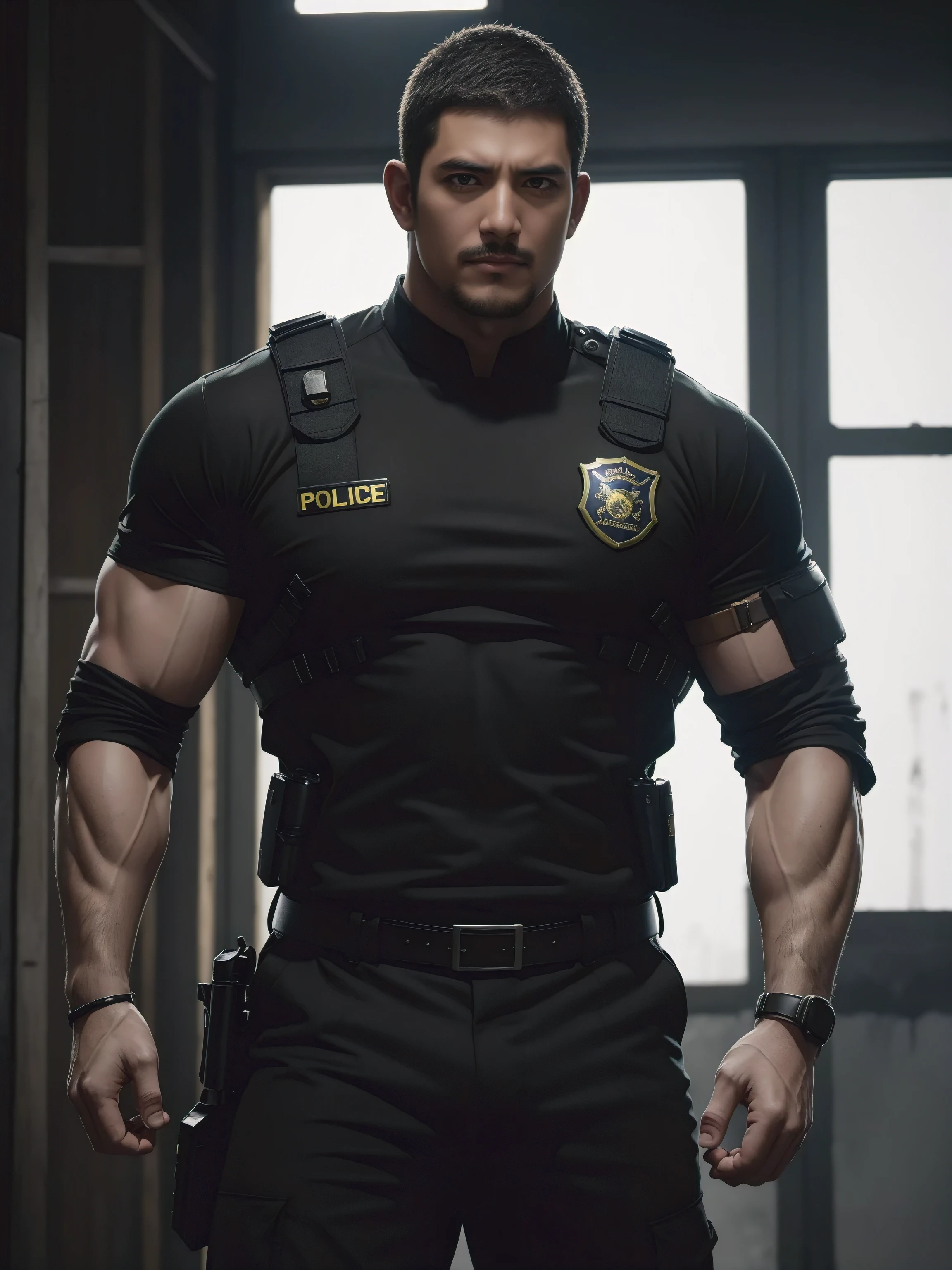 One Tall giant muscular肌肉男警官，Yellow and black police uniform，Police uniform pants，Wear it over a shirt，character concept（Resident Evil - chris redfield，chris redfield）proud expression，Deep and charming eyes，heroic male pose，tall burly，muscular！muscular thighs，tough guy，perfect facial features，High, burly, Heqiang， Super gain and cool， high resolution committee，Charming strong man，The bright sunshine shines on the face through the window