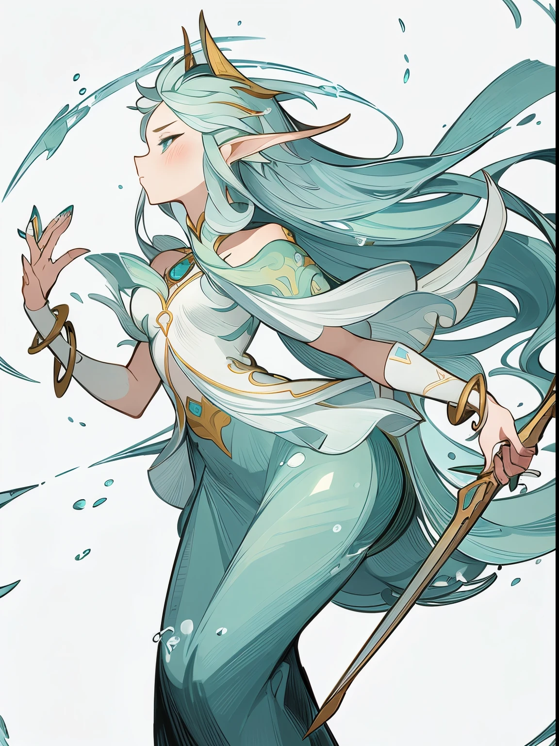 profile，clear face，facial features，Eye，eyelashes，side nose，Exquisite profile，digital illustration,Daughter of the sea，golden harpoon，golden sceptesh scales，elf ears，Long turquoise hair，Game characters，game portrait，water element，water effects， Exquisite details, a amazingly fair woman, A flowing white dress，腹部是fish scales形状的贴片，blue dress，White shoulders and collarbones，Slender white arms，Wearing a golden bracelet on the hand，beautiful sharp nails，, (Drop from above:1.3), Her toes barely touch the vast mirror-like ocean, (Delicate ripples appear in the water:1.2), floating, look down, Calm expression, God loves, natural lighting, Vibrant Prismatic Colors, (The Art of Studio Ghibli:1.3), Sunrise in the background, amazing sky, Gorgeous details, fair, amazing, fragile, crystal clear, draw well, dynamic composition, anime style， No type, Kushat Kenzi, whole body concept, High quality character design, (((solo))), The Art of Character Design, ((very simple background))、(Game character design), White background（（（flat color）））