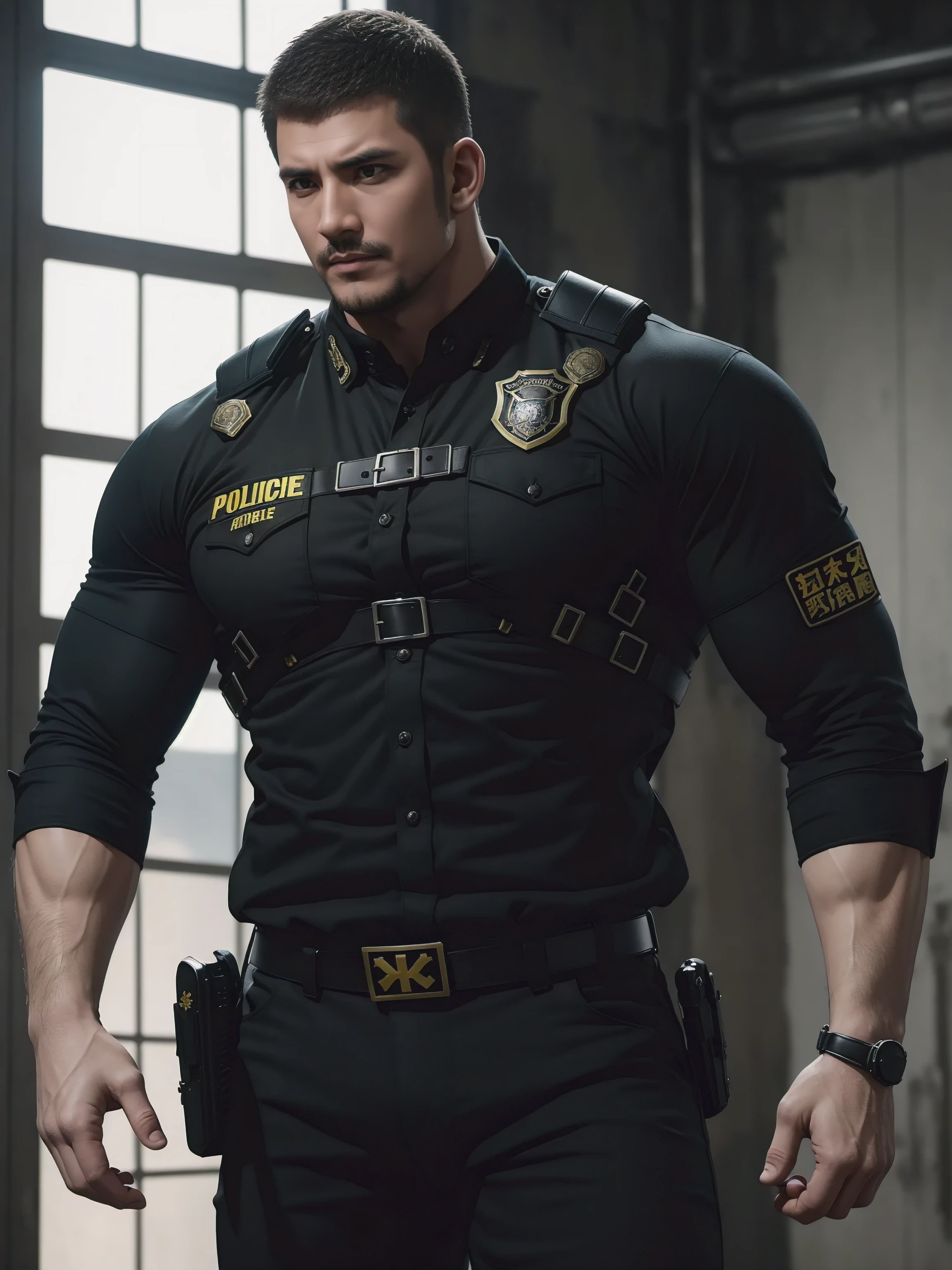 One Tall giant muscular肌肉男警官，Yellow and black police uniform，Police uniform pants，Wear it over a shirt，character concept（Resident Evil - chris redfield，chris redfield）proud expression，Deep and charming eyes，heroic male pose，tall burly，muscular！muscular thighs，tough guy，perfect facial features，High, burly, Heqiang， Super gain and cool， high resolution committee，Charming strong man，The bright sunshine shines on the face through the window