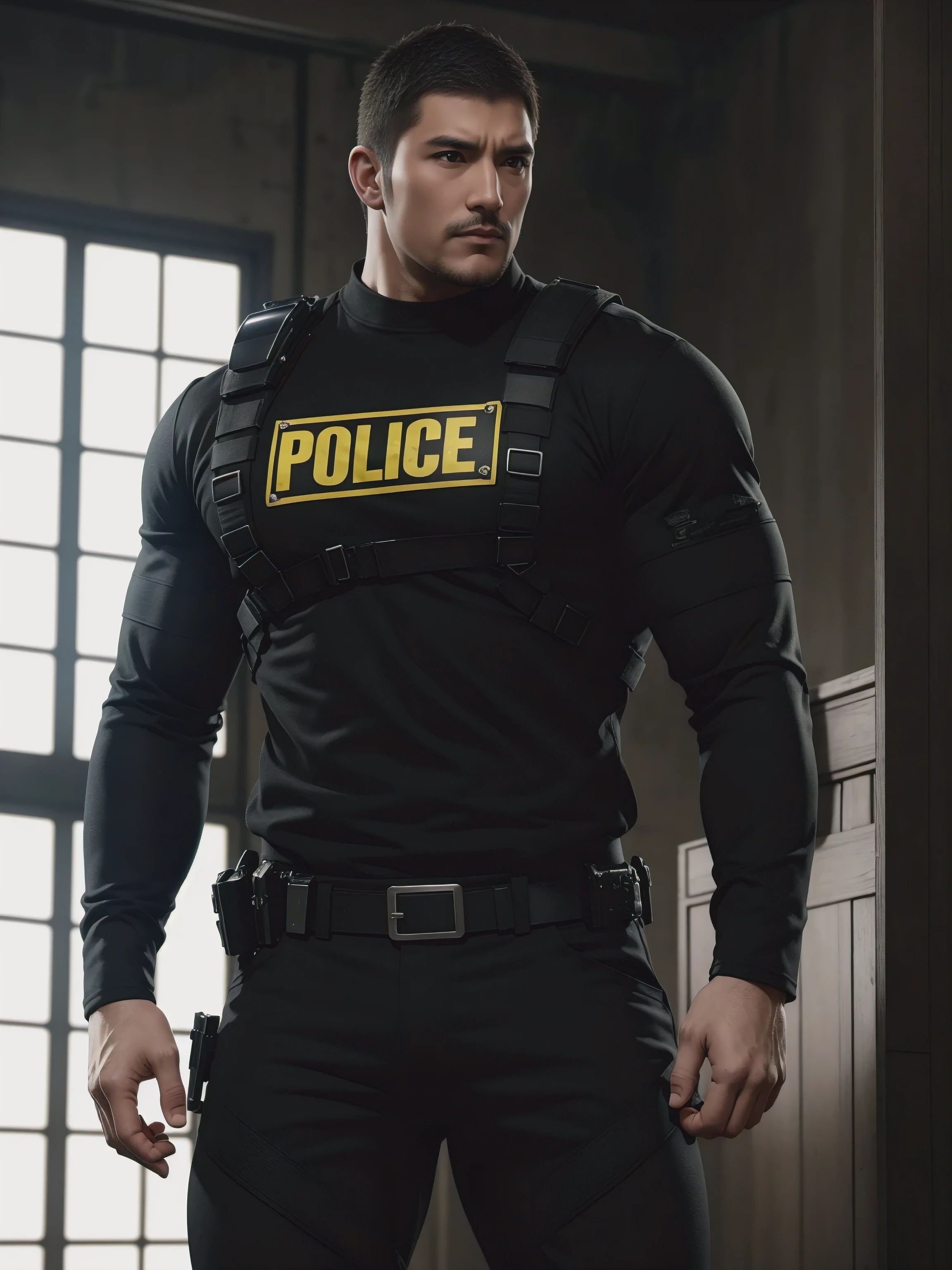 One Tall giant muscular肌肉男警官，Yellow and black police uniform，Police uniform pants，Wear it over a shirt，character concept（Resident Evil - chris redfield，chris redfield）proud expression，Deep and charming eyes，heroic male pose，tall burly，muscular！muscular thighs，tough guy，perfect facial features，High, burly, Heqiang， Super gain and cool， high resolution committee，Charming strong man，The bright sunshine shines on the face through the window