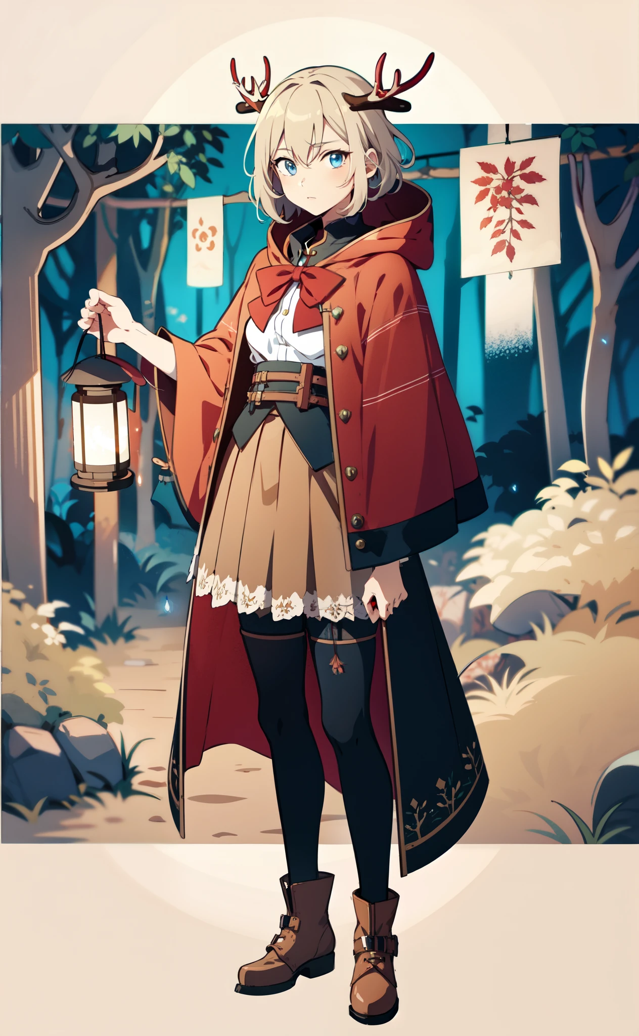 soft forest background, anime style, top-quality, character design, banner art, 1girl, mature, fluffy short beige hair, ice blue eyes, fantasy medieval, adventurer gear, (lantern on antler staff:1.3), fullbody, white blouse, simple red cloak, red riding hood, skirt, stockings, antlers, (genshin character:0.9), boyish features