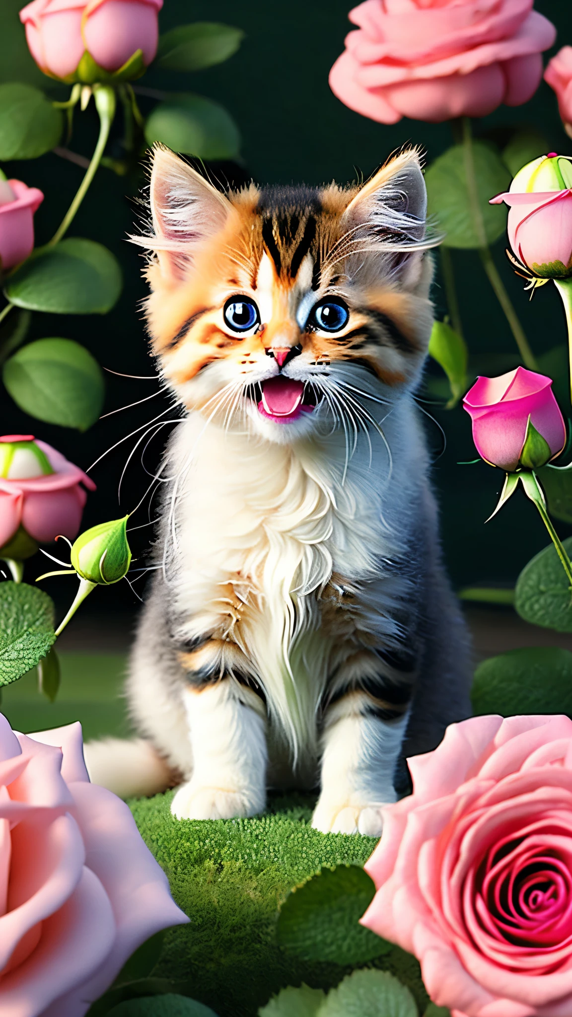 In this ultra-detailed CG art, cute kittens surrounded by ethereal roses, laughter, best quality, high resolution, intricate details, fantasy, cute animals, left, funny, left!! Mouth!!! Laugh!!!