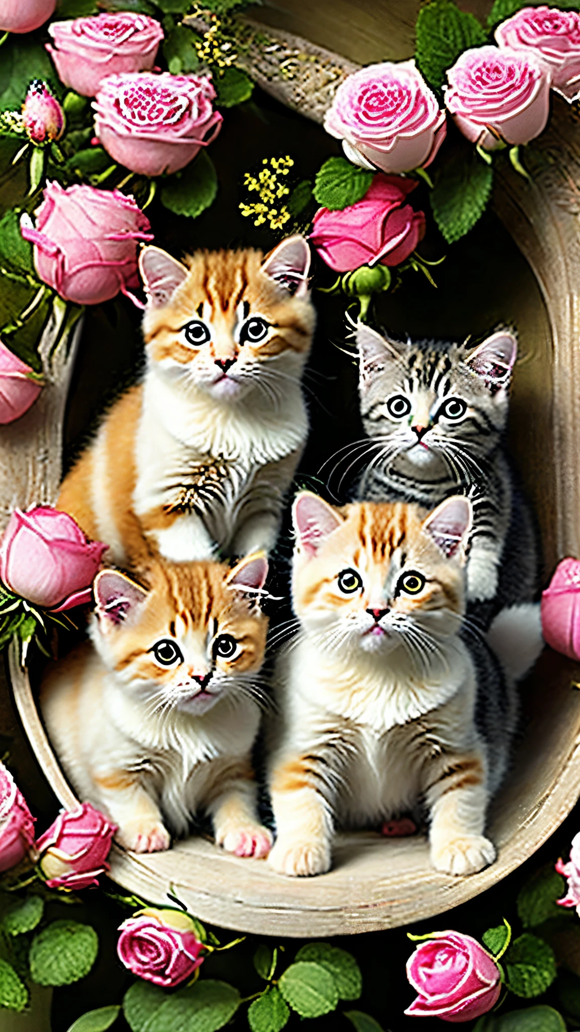In this ultra-detailed CG art, cute kittens surrounded by ethereal roses, laughter, best quality, high resolution, intricate details, fantasy, cute animals, left, funny, left!! Mouth!!! Laugh!!!