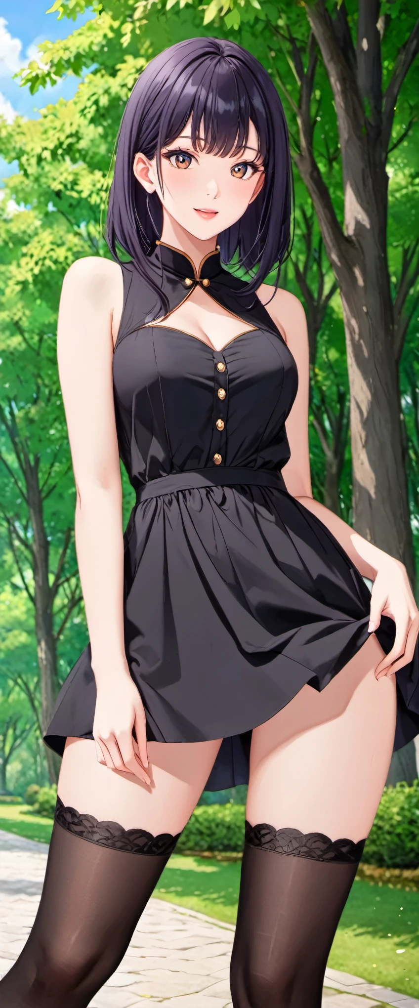 masterpiece, ultra high-quality, extremely detail 8k cg, high resolution, 1girl, kurenai yuhi, black hair, red eyes, thin body, huge breasts, bursting breasts, strapless shorttubedress, choker, beautiful face, outdoors, garden, full shot photo, full body