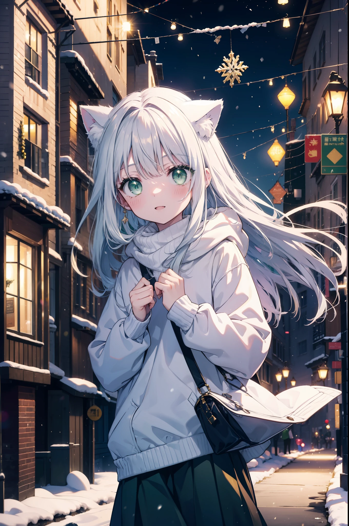 index, index, (green eyes:1.5), silver hair, long hair, (flat chest:1.2),Cat ear,cat tail,blush,smile,open your mouth,A large Christmas tree is placed in the middle of the road.,gray handbag,yellow long coat, white hoodie, black long skirt,black pantyhose,Mini Boots,winter,night,cold sky,snow is scattered,It&#39;s snowing,
break looking at viewer, Upper body, whole body,
break outdoors, In town,building street,
break (masterpiece:1.2), highest quality, High resolution, unity 8k wallpaper, (figure:0.8), (beautiful deしっぽed eyes:1.6), extremely deしっぽed face, perfect lighting, extremely deしっぽed CG, (perfect hands, perfect anatomy),