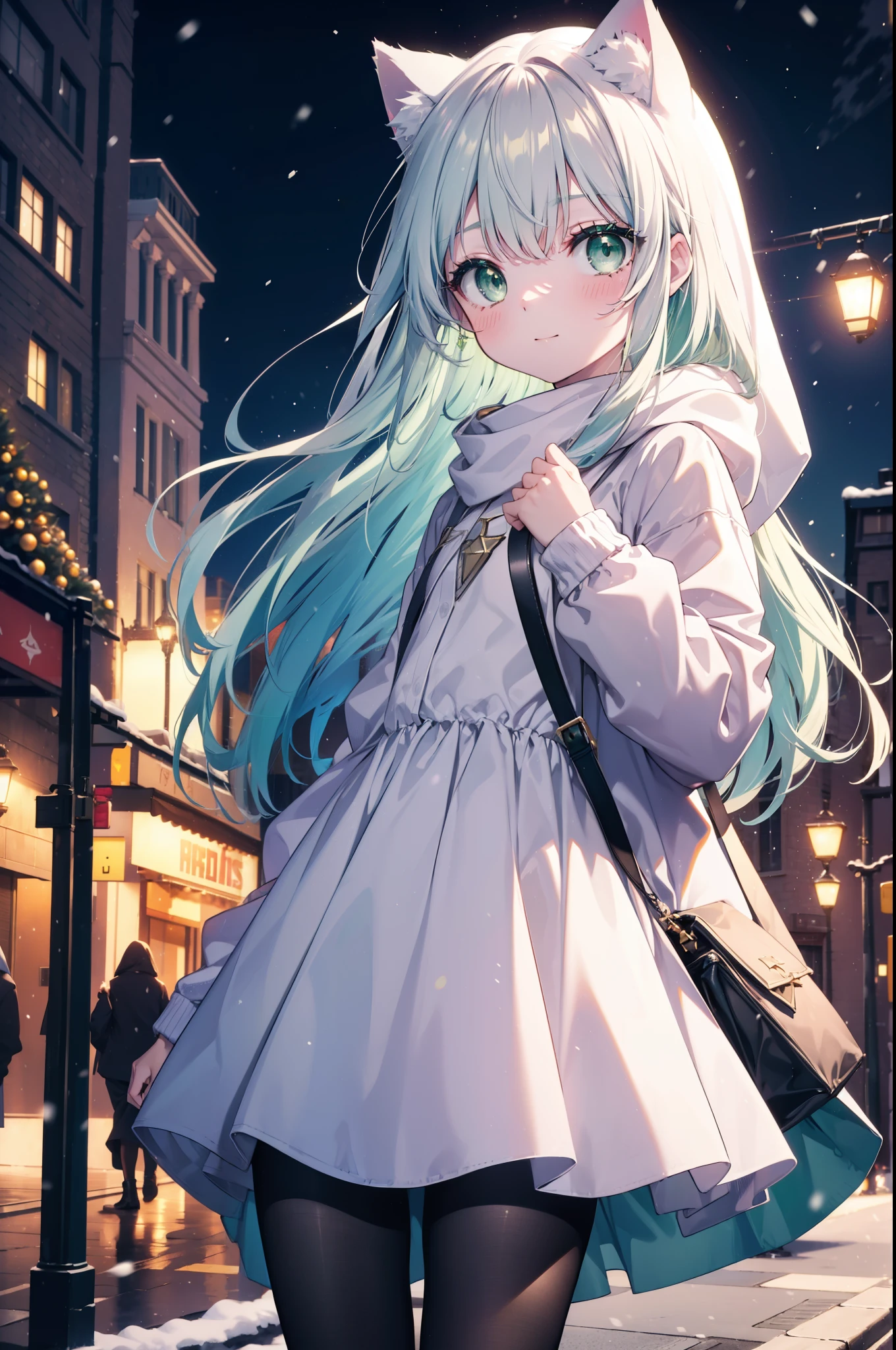 index, index, (green eyes:1.5), silver hair, long hair, (flat chest:1.2),Cat ear,cat tail,blush,smile,open your mouth,A large Christmas tree is placed in the middle of the road.,gray handbag,yellow long coat, white hoodie, black long skirt,black pantyhose,Mini Boots,winter,night,cold sky,snow is scattered,It&#39;s snowing,
break looking at viewer, Upper body, whole body,
break outdoors, In town,building street,
break (masterpiece:1.2), highest quality, High resolution, unity 8k wallpaper, (figure:0.8), (beautiful deしっぽed eyes:1.6), extremely deしっぽed face, perfect lighting, extremely deしっぽed CG, (perfect hands, perfect anatomy),