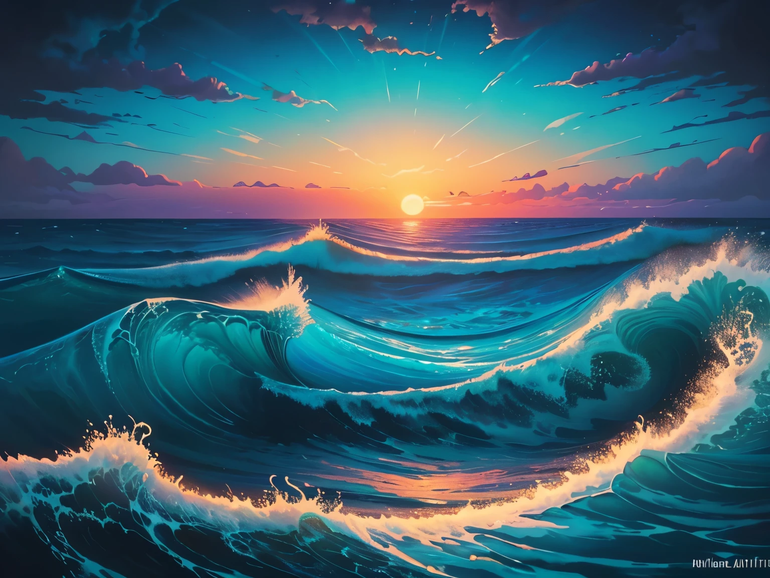 a painting of a colorful ocean scene with a sunset and clouds, an ultrafine detailed painting by Michael Sutfin, tumblr, psychedelic art, psychedelic painting, psychedelic landscape, sunset psychedelic, detailed dreamscape, psychedelic art style, dmt waves, psychedelic artwork, psychedelic waves, lsd waves, psychedelic surreal art, painting of a dreamscape, colorful flat surreal ethereal