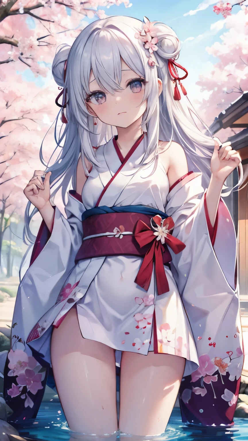 ,girl,best image quality,,Sakura hair,,cherry blossom eyes, white skin,,long hair,straight,half eyes,,wet state,baby doll,naked,Cherry blossom trees,Lock,restraint,small胸,tits,kimono,tatami,SakuraFubuki,small,show your shoulders,belly button,spread legs