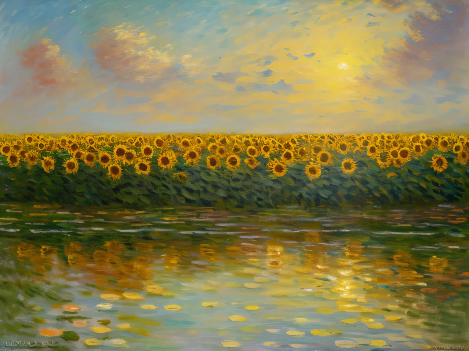 old paintings, Oil painting on canvas depicting sunflowers, Works by artist Claude Monet, Completely imitating the style of Claude Monet, antique canvas
