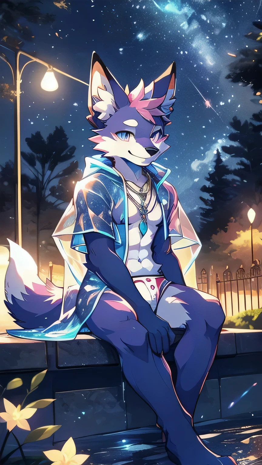 Anthropomorphic fox, In good condition, Pink fur, alone, (Exquisite details), white, Smile, Handsome, OK, white underwear, Night time, sitting on bed, Candy clouds, Star decoration, canine, male, giggle, (Slim, exquisite eyes), nipple, necklace, naked, full-body shot