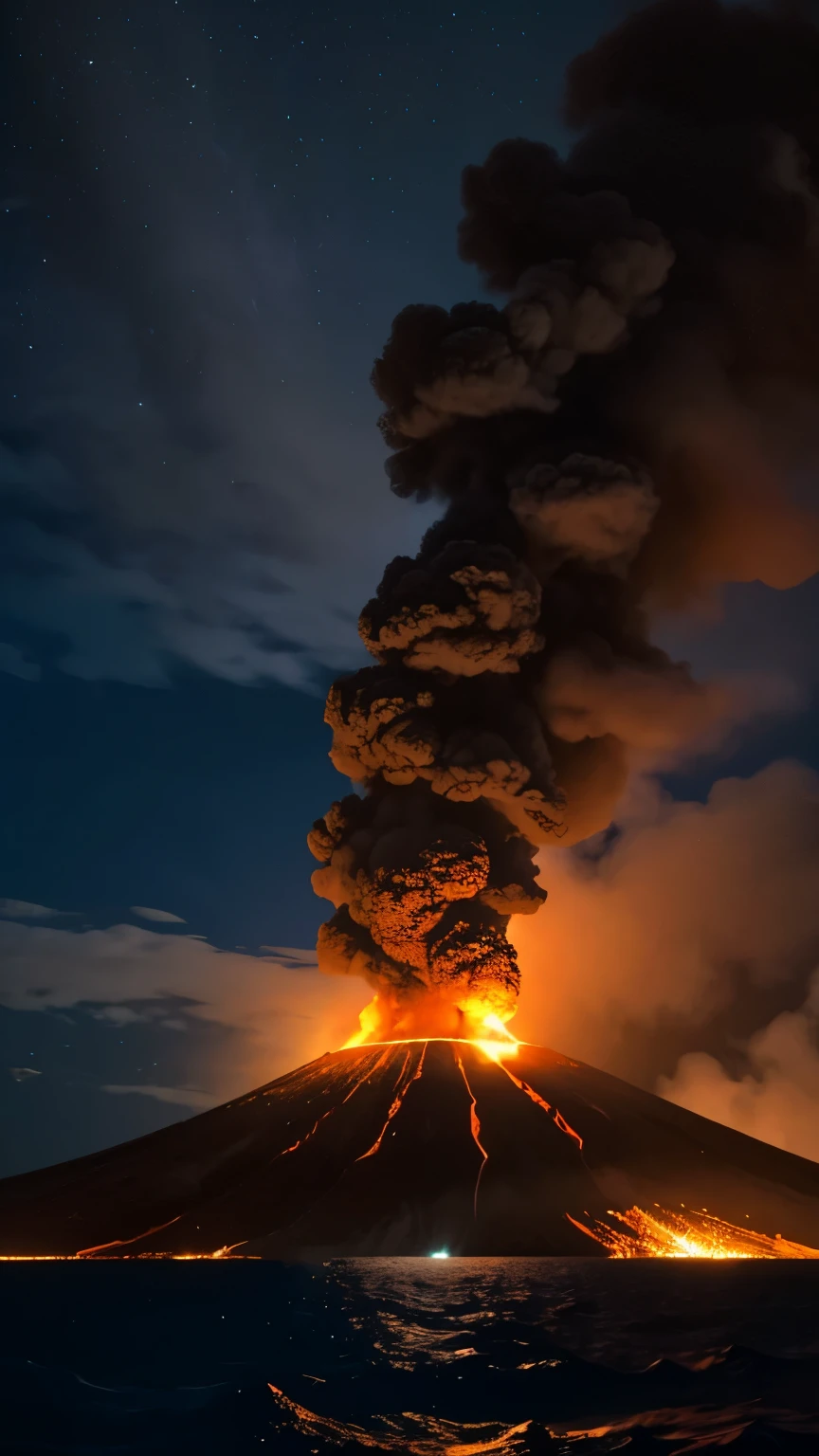 Island volcanic eruption in the tropics at night.